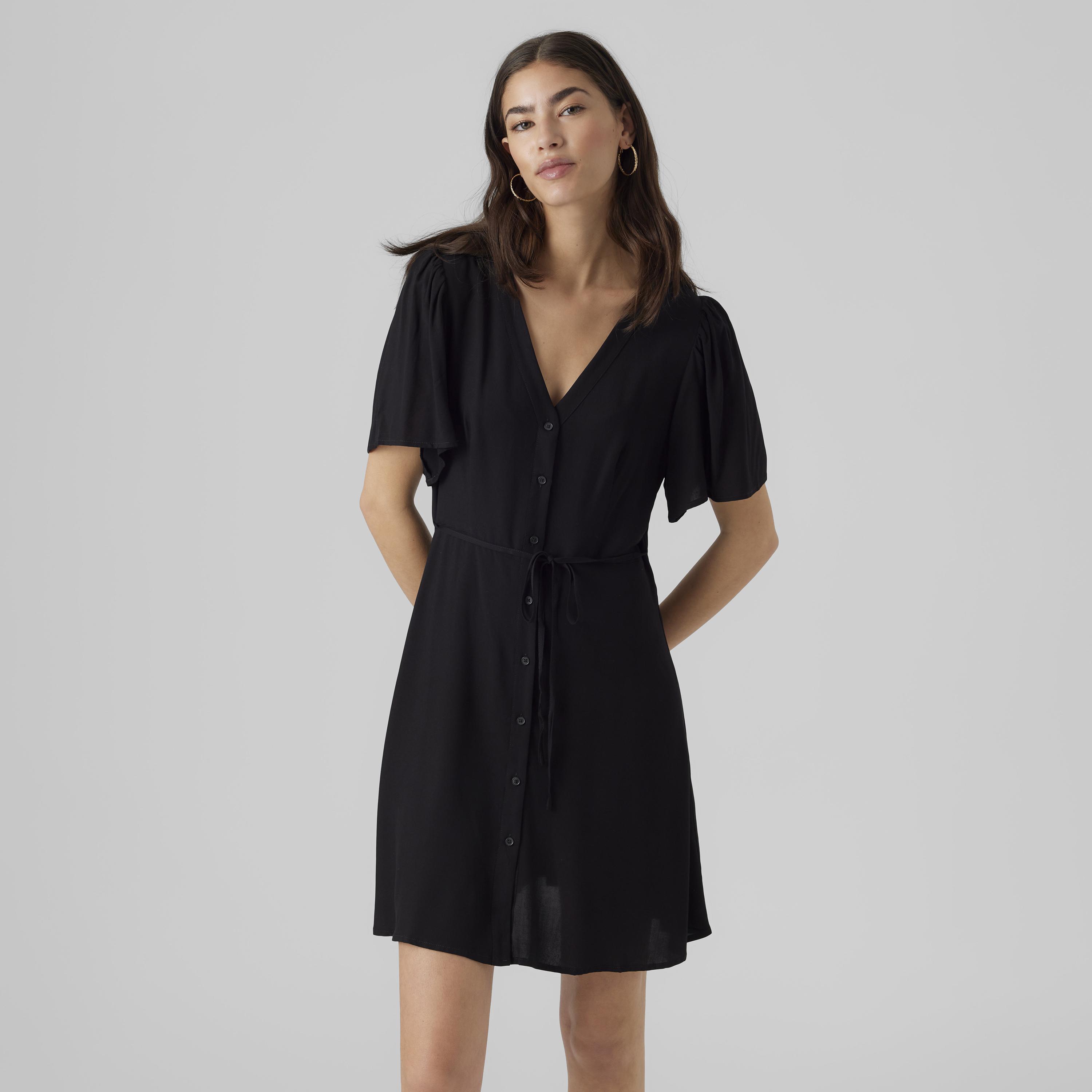 فستان قصير حريمي بأكمام فلاتر سود من فيرو مودا-women-clothing-dresses-image-1