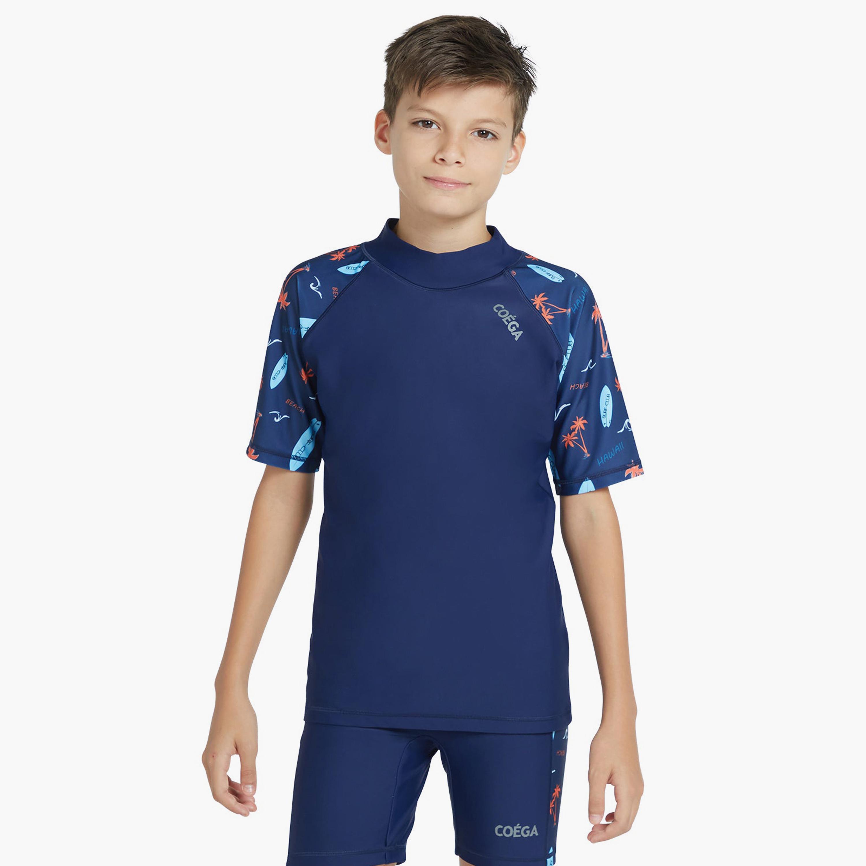 كويغا - ملابس سباحة للأولاد من قطعتين، أزرق داكن بنقشة نخيل الخوخ-sports-boys-clothing-swimwear-image-1