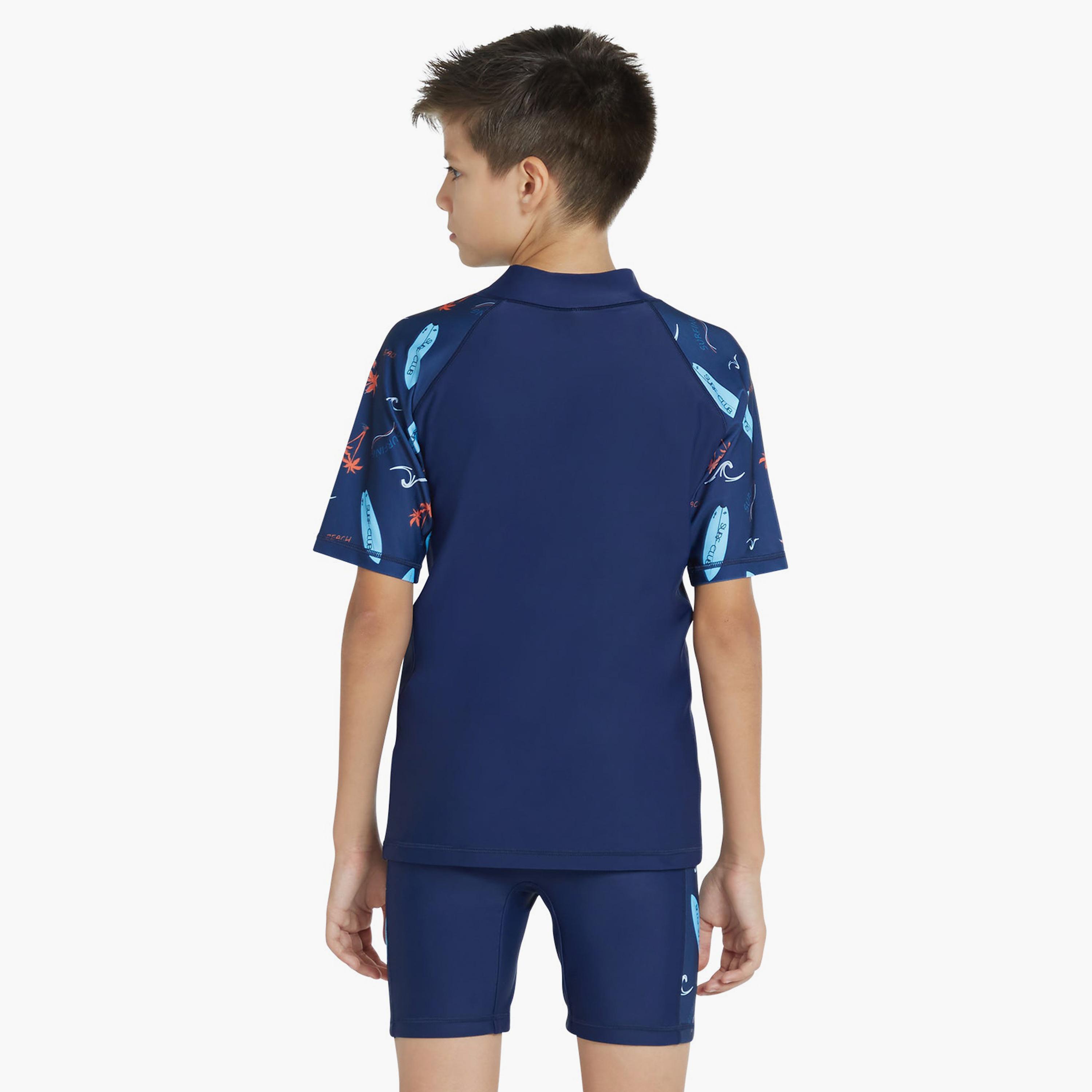 كويغا - ملابس سباحة للأولاد من قطعتين، أزرق داكن بنقشة نخيل الخوخ-sports-boys-clothing-swimwear-image-2