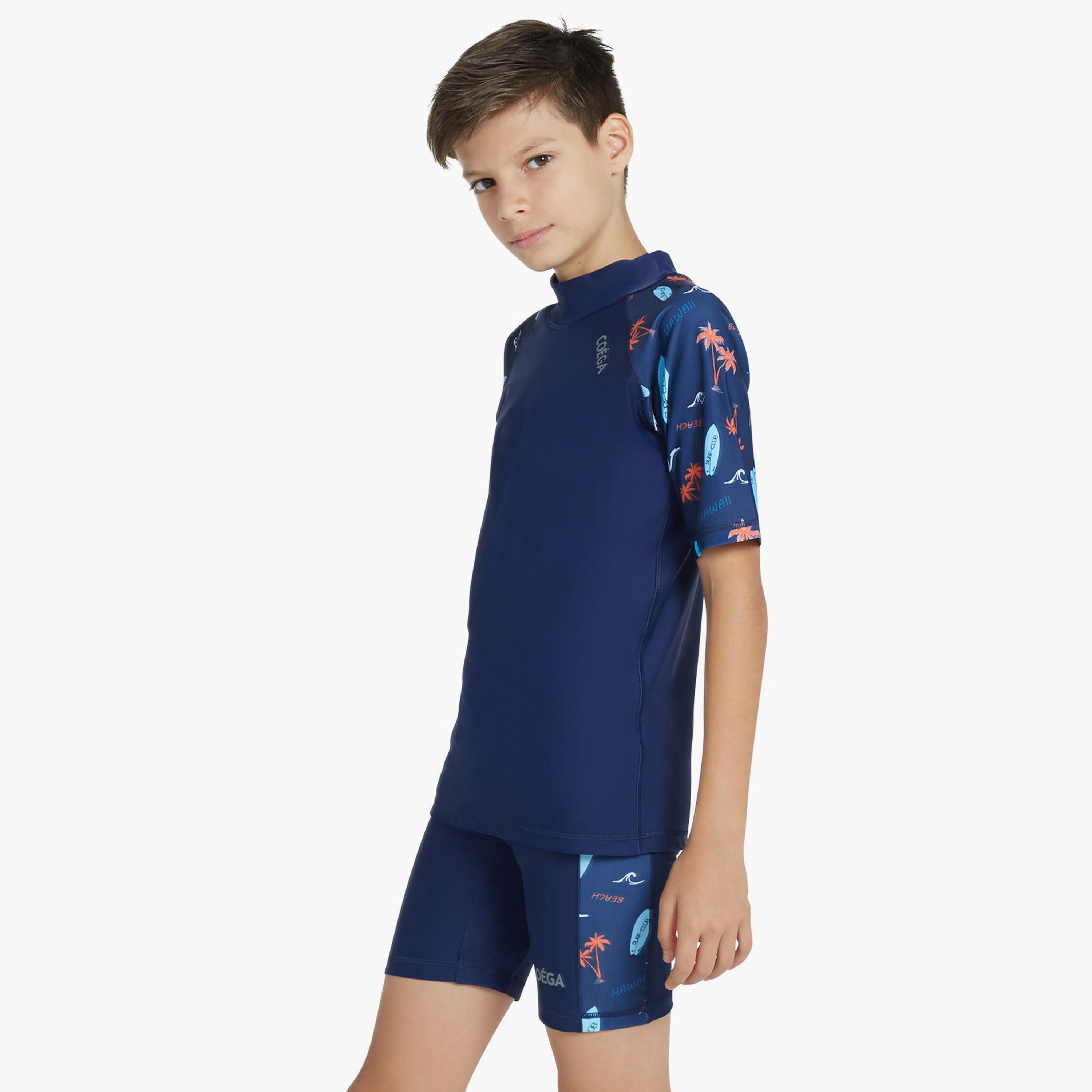 كويغا - ملابس سباحة للأولاد من قطعتين، أزرق داكن بنقشة نخيل الخوخ-sports-boys-clothing-swimwear-image-3