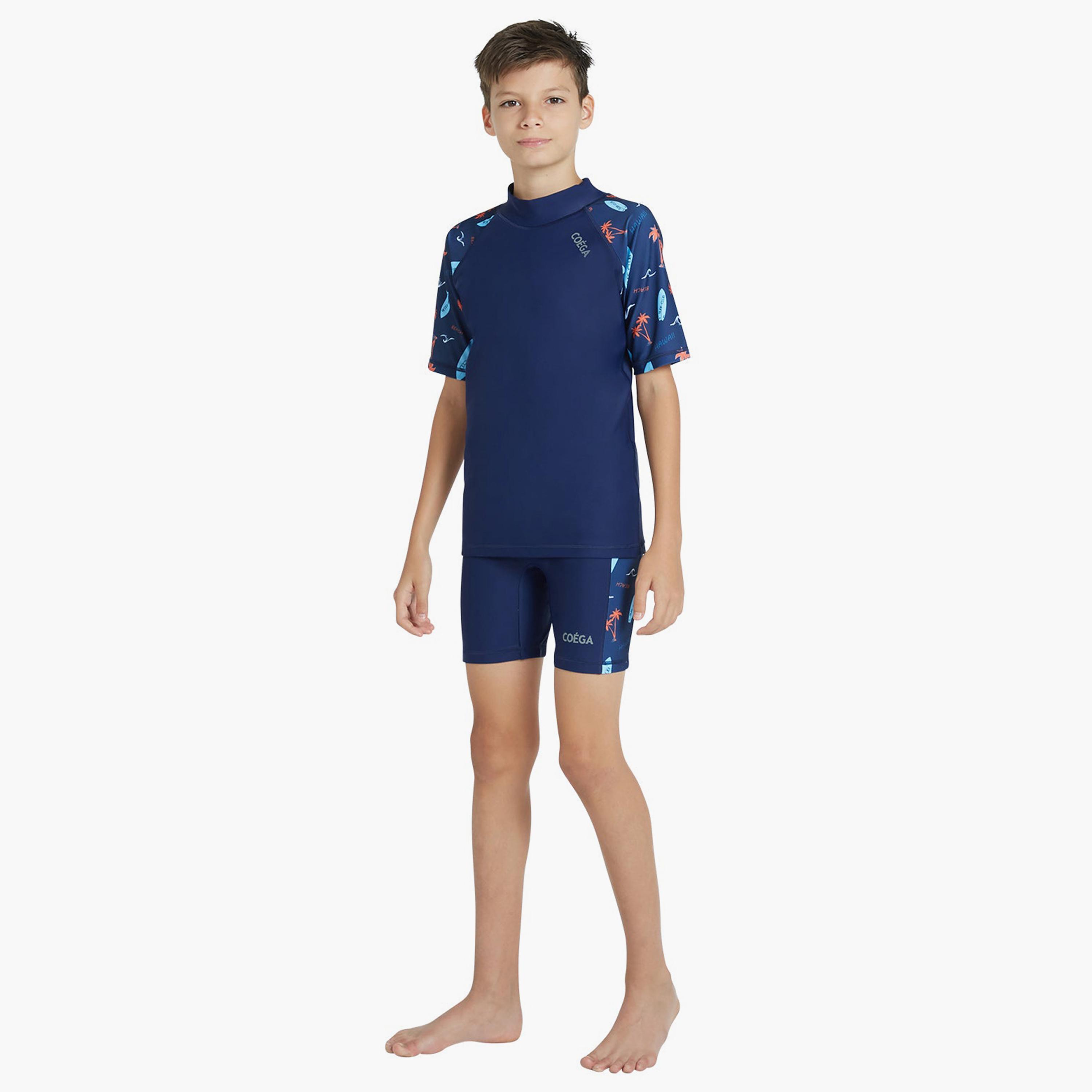 كويغا - ملابس سباحة للأولاد من قطعتين، أزرق داكن بنقشة نخيل الخوخ-sports-boys-clothing-swimwear-image-4