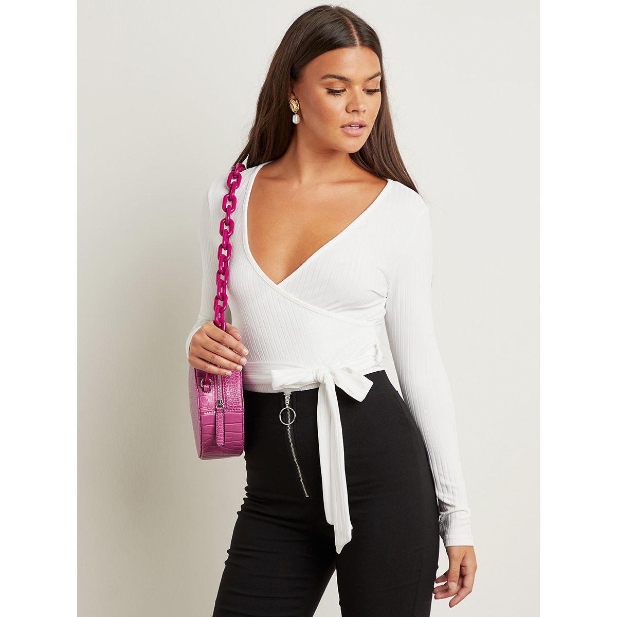Styli Wrap Front Belted Ribbed Bodysuit with Long Sleeves-women-clothing-tshirts-image-1