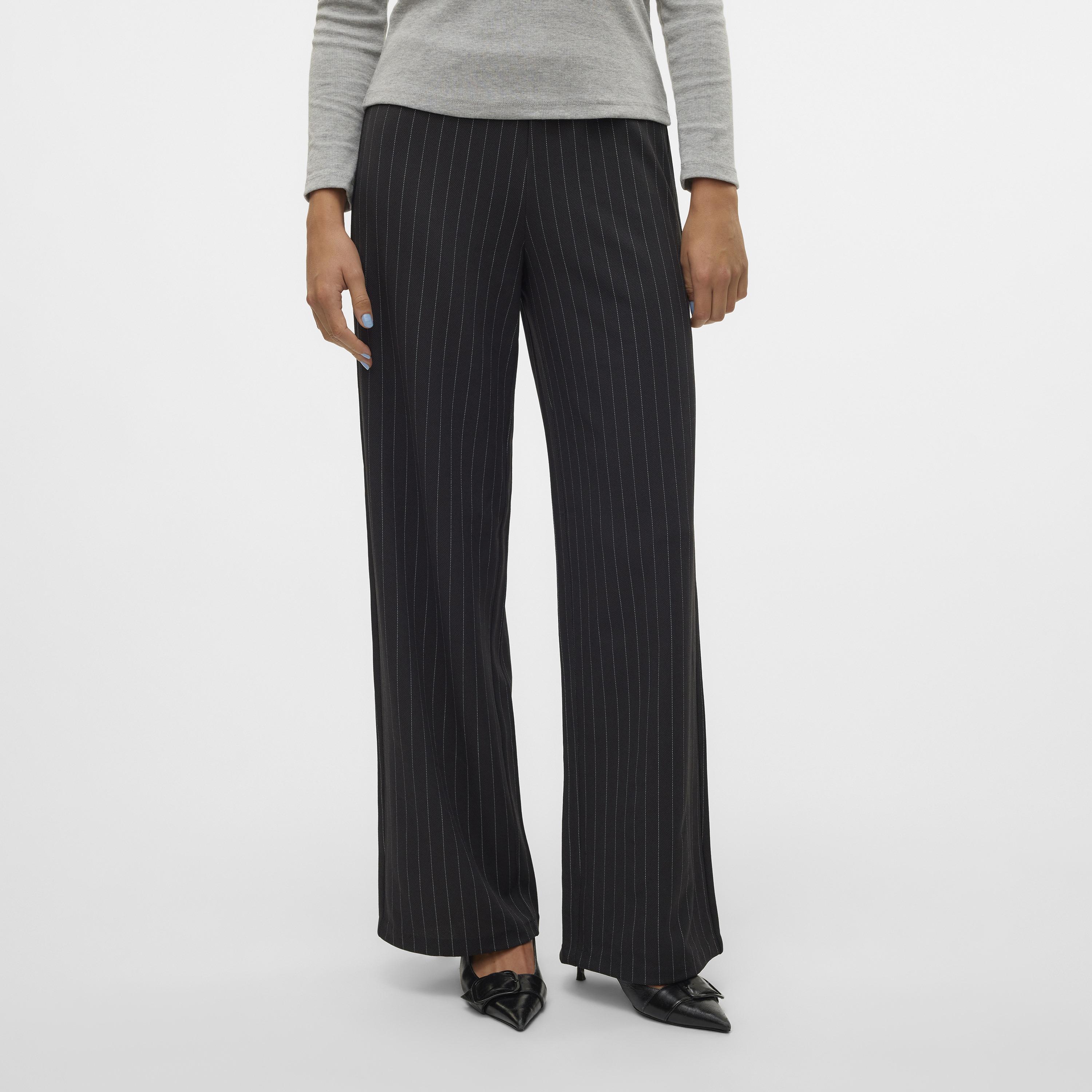 Vero Moda Black Pinstripe Zip Fly Wide Women's Trousers-women-clothing-trousers-image-1