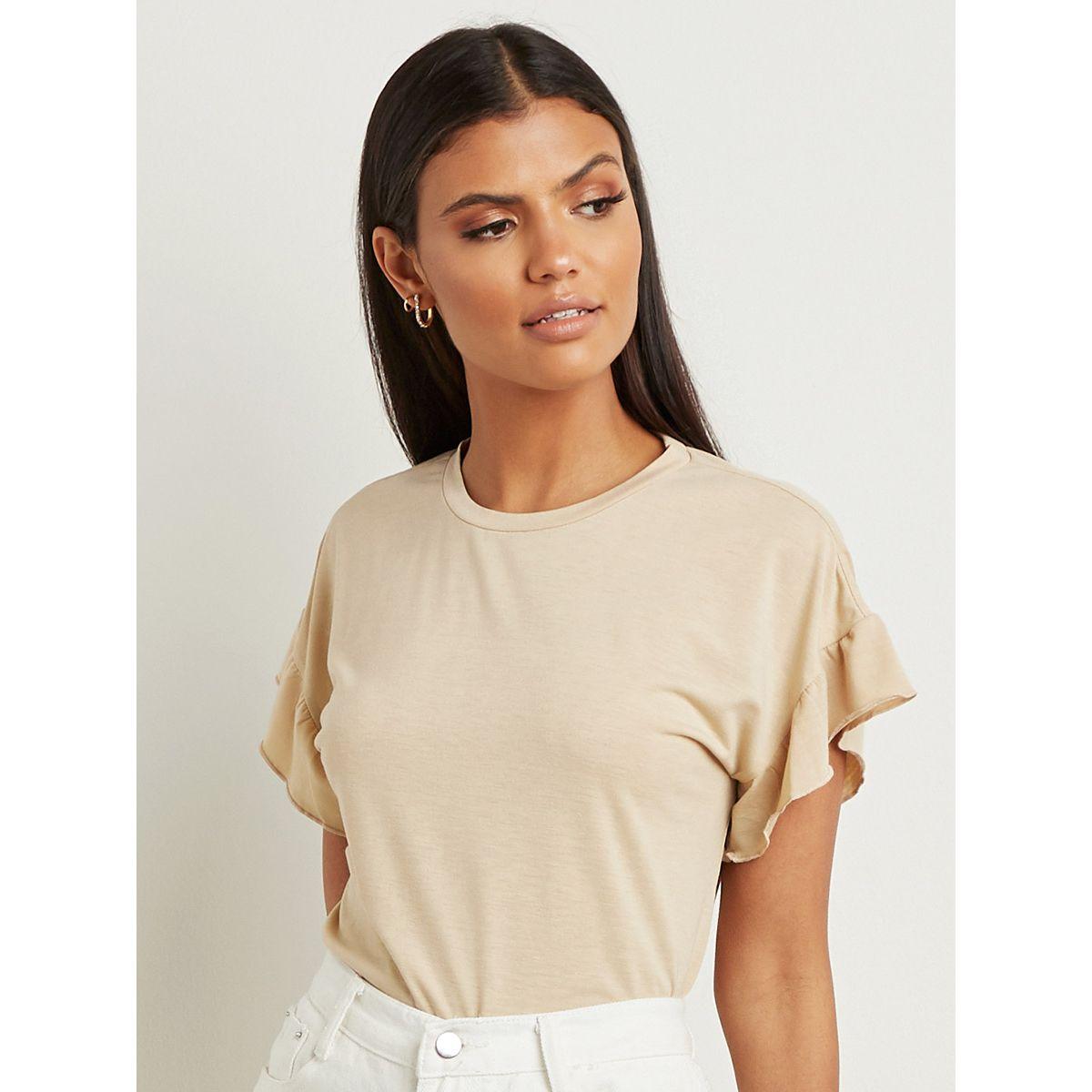 Styli Plain Ruffled Sleeves Regular Fit T-shirt-women-clothing-tshirts-image-1