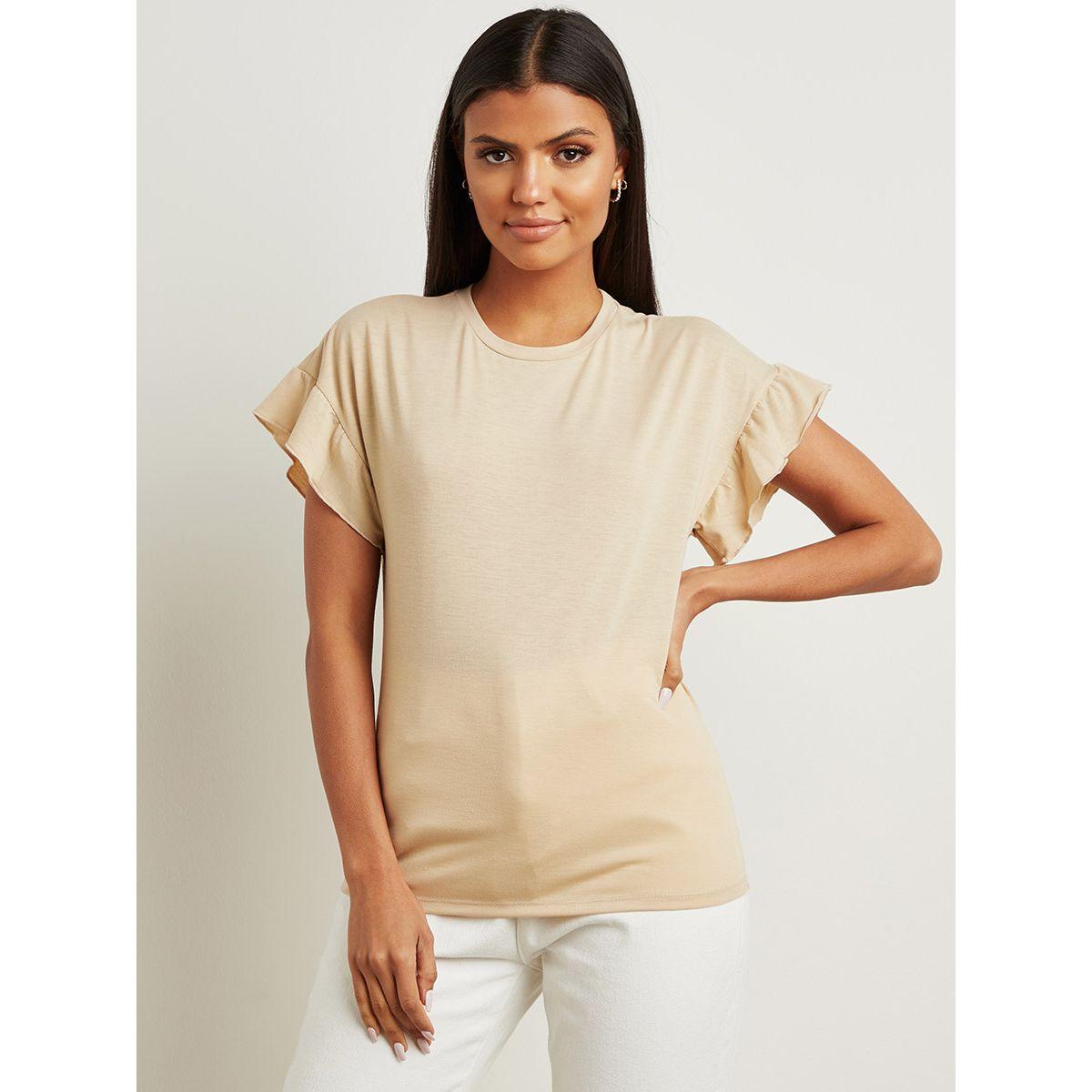 Styli Plain Ruffled Sleeves Regular Fit T-shirt-women-clothing-tshirts-image-5