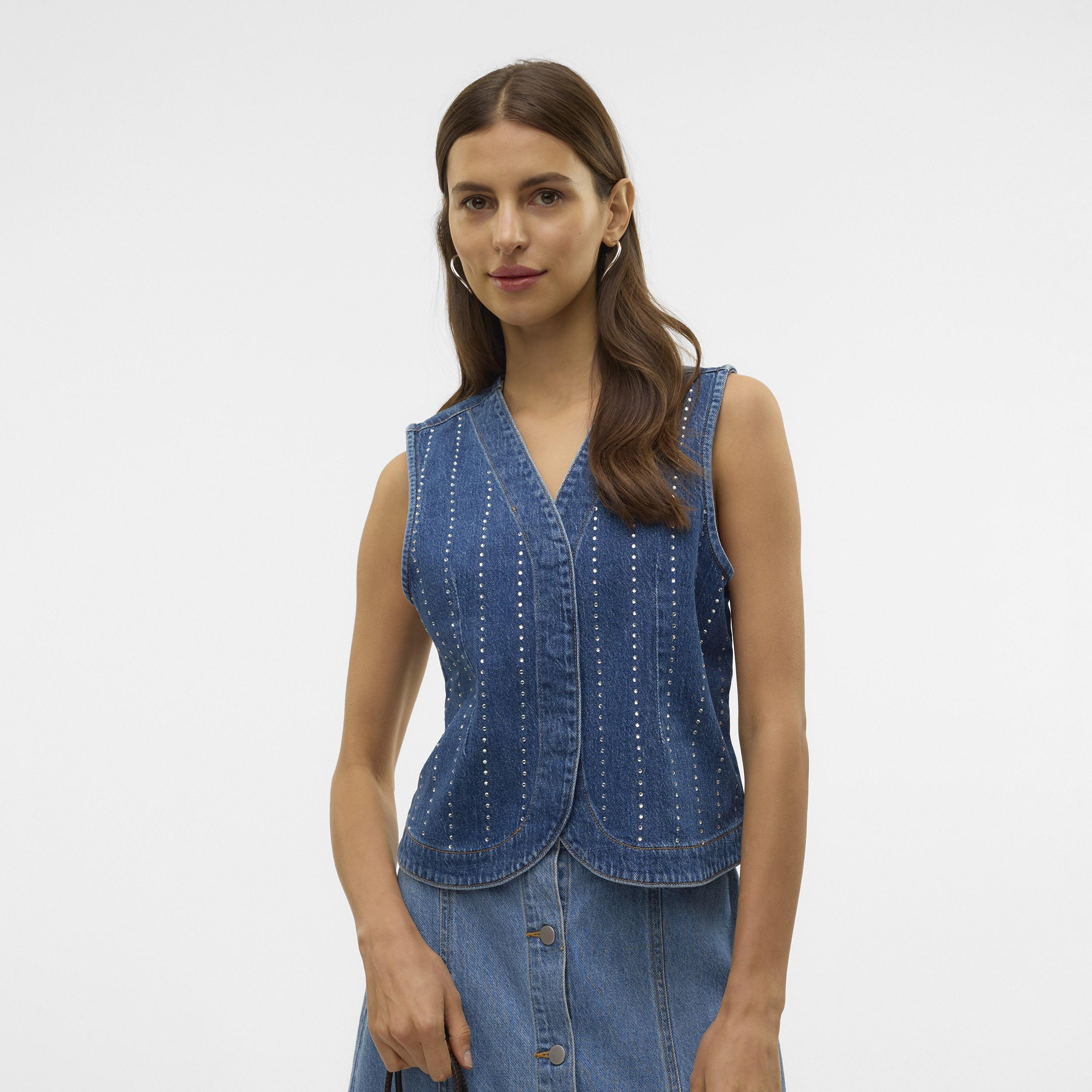 Vero Moda Blue Hotfix Stone Cotton Women's Waistcoat-women-winterwear-coatsandjackets-waistcoats-image-1