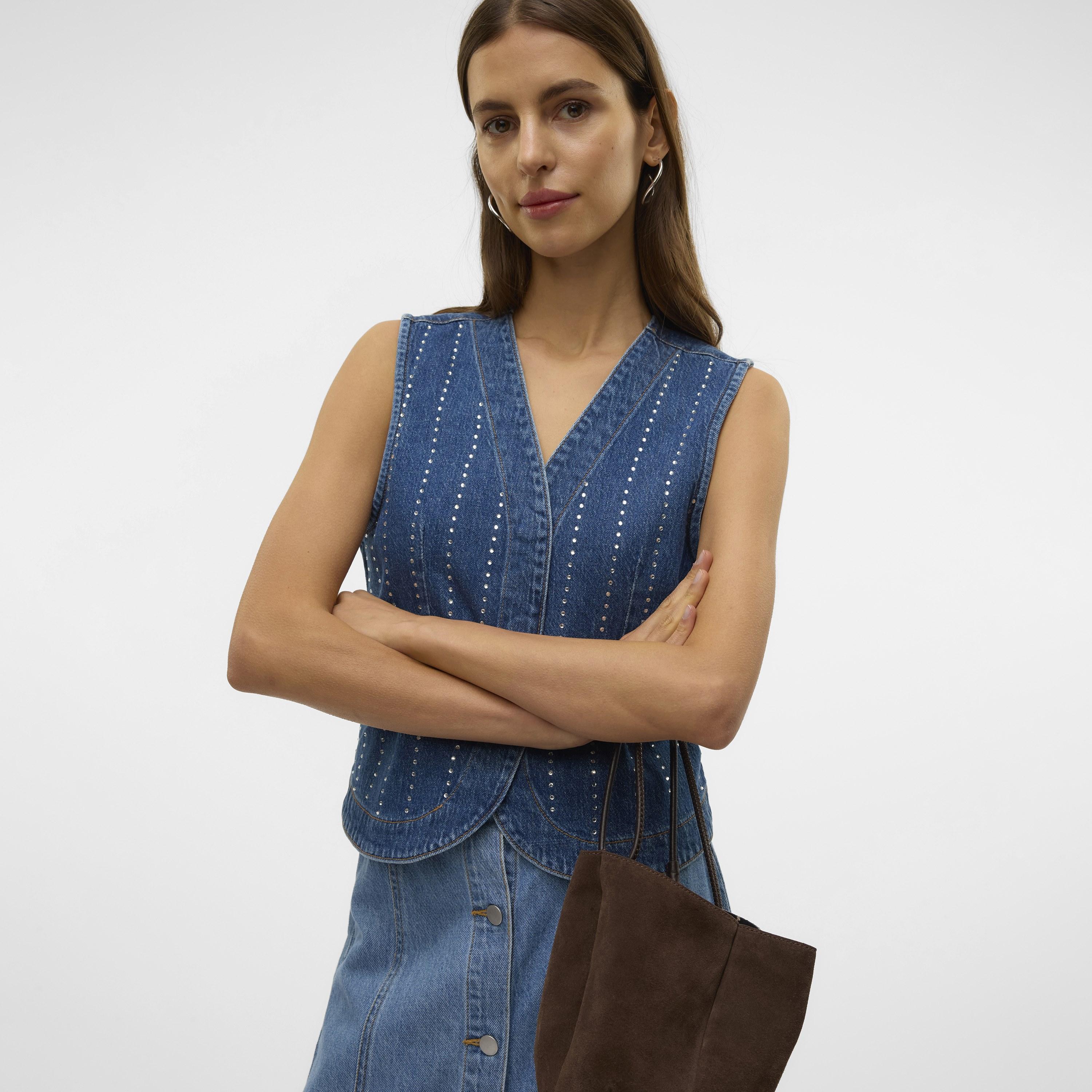 Vero Moda Blue Hotfix Stone Cotton Women's Waistcoat-women-winterwear-coatsandjackets-waistcoats-image-3