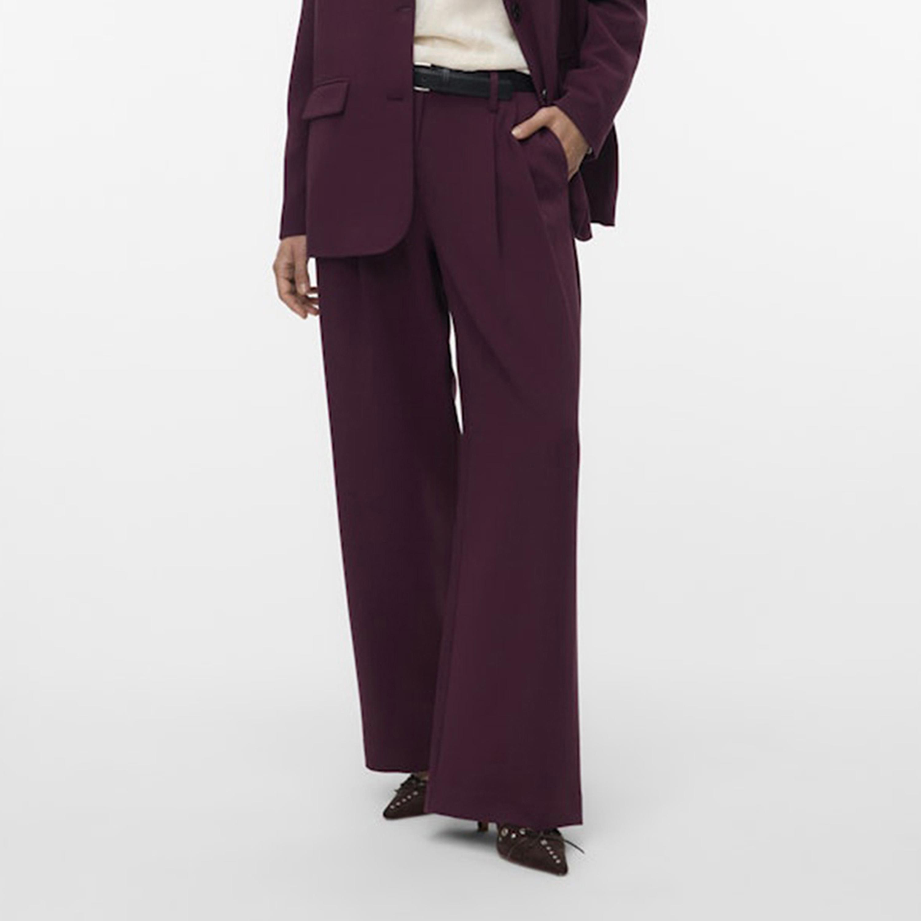 Vero Moda Wine Double Pleated, Side Pockets Wide Leg Women's Trousers-women-clothing-bottoms-trousers-image-1