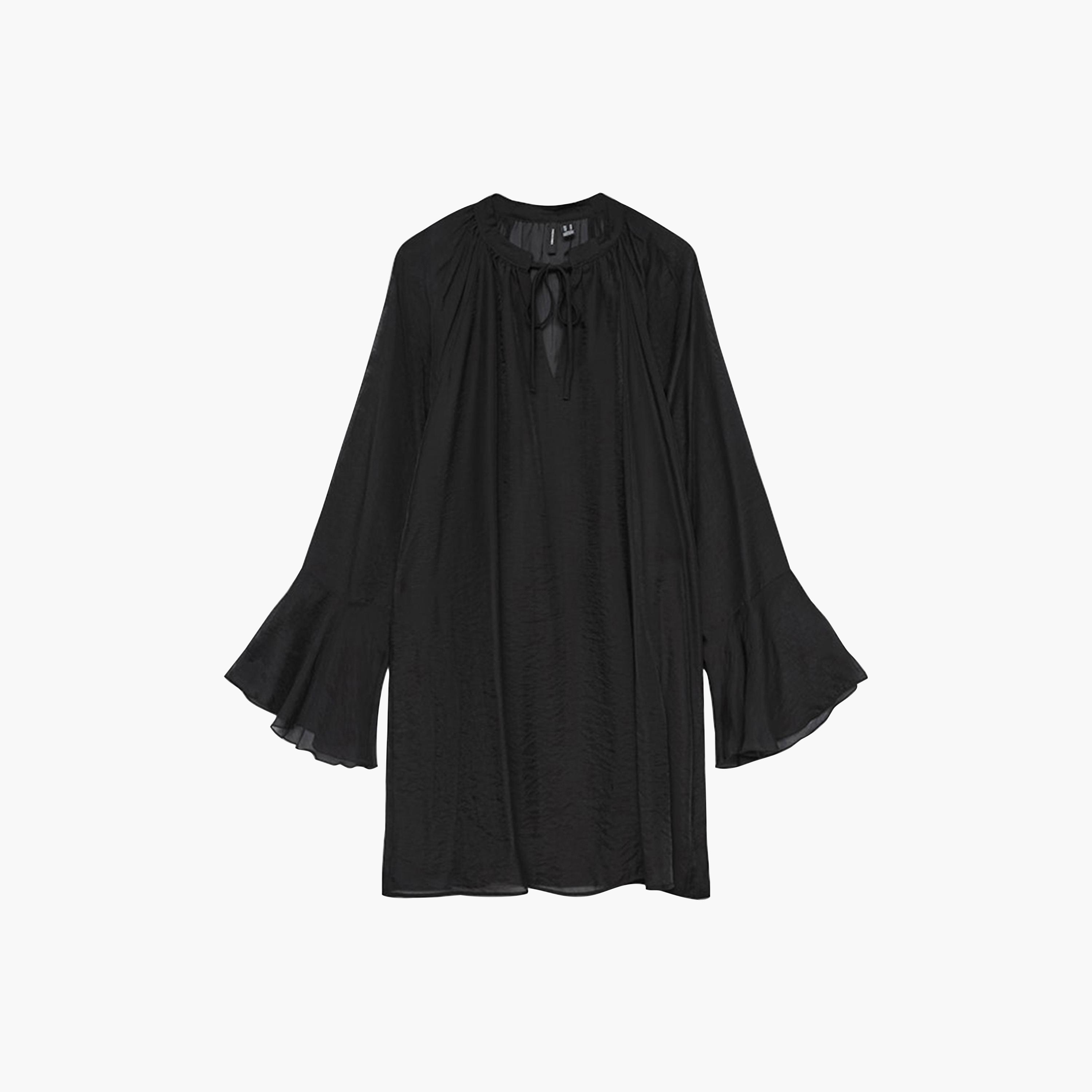 فستان ميني نسائي قصة "شيفت" بأكمام "بيل" جرس وياقة تربط بلون أسود من فيرو مودا-women-clothing-dresses-image-6
