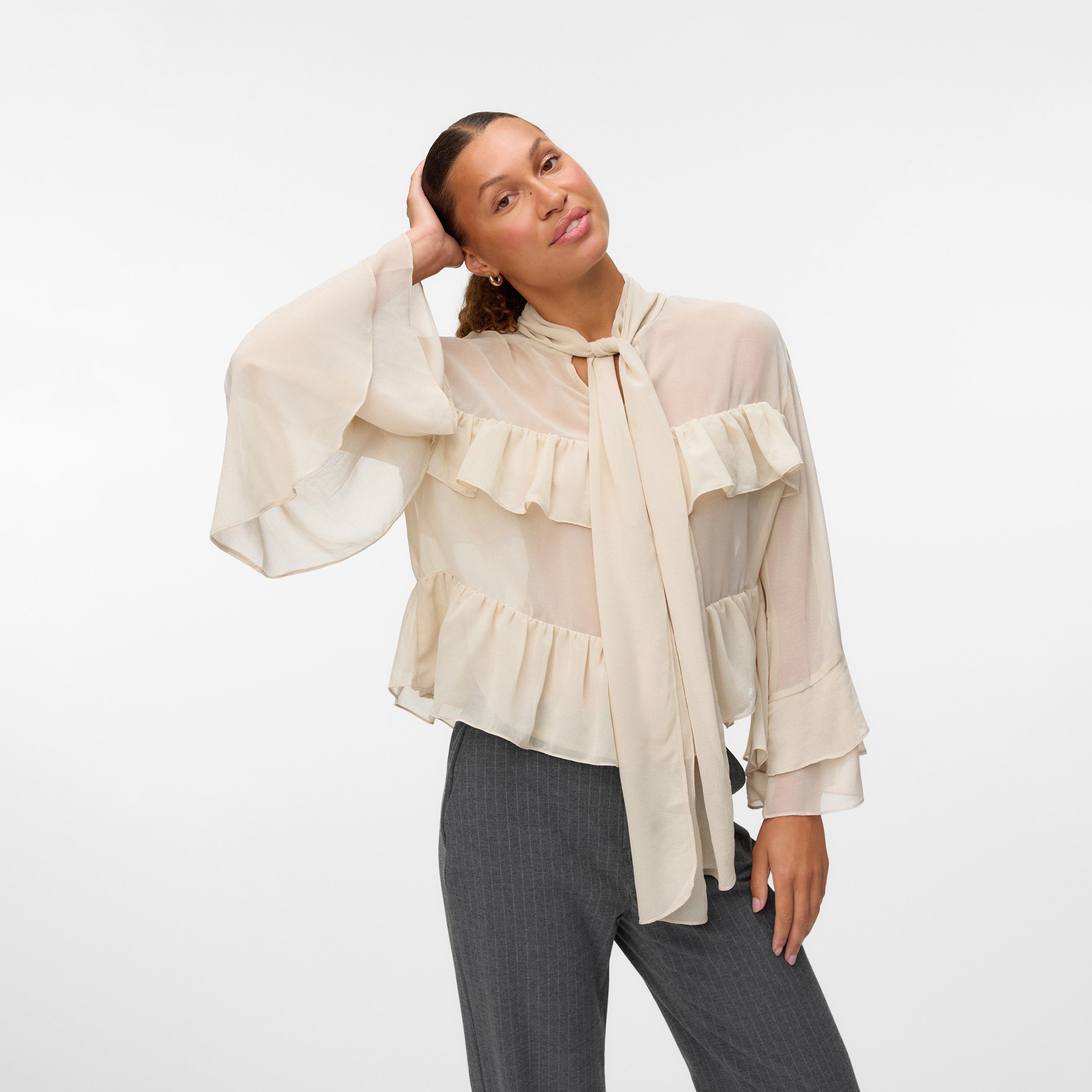 Vero Moda Cream Ruffled Tie-Up Neck Layered Bell Sleeves Women's Top-women-clothing-shirtsandblouses-blouses-image-1