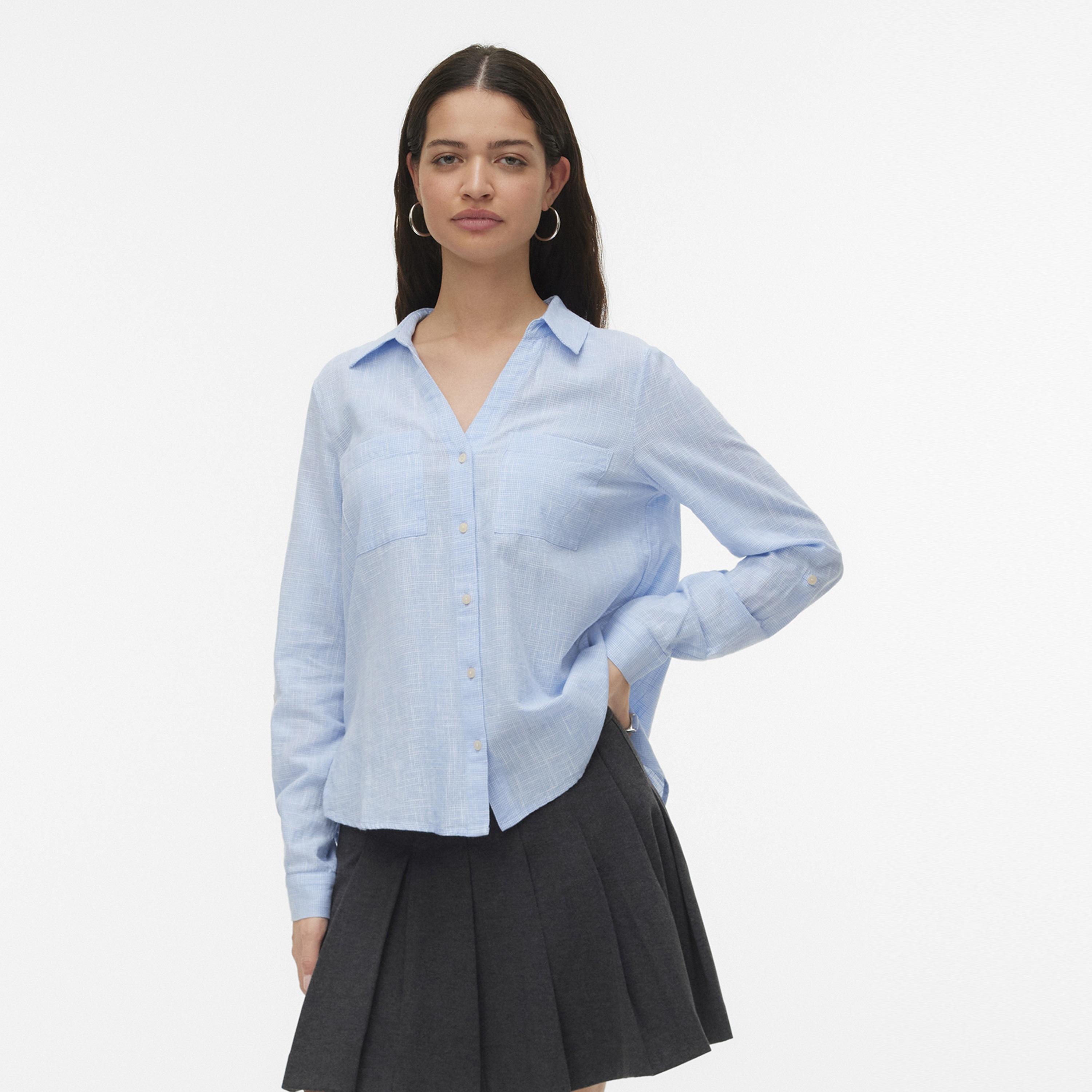 Vero Moda Blue Micro Checked Cotton Collared Women's Shirt-women-clothing-shirtsandblouses-shirts-image-1