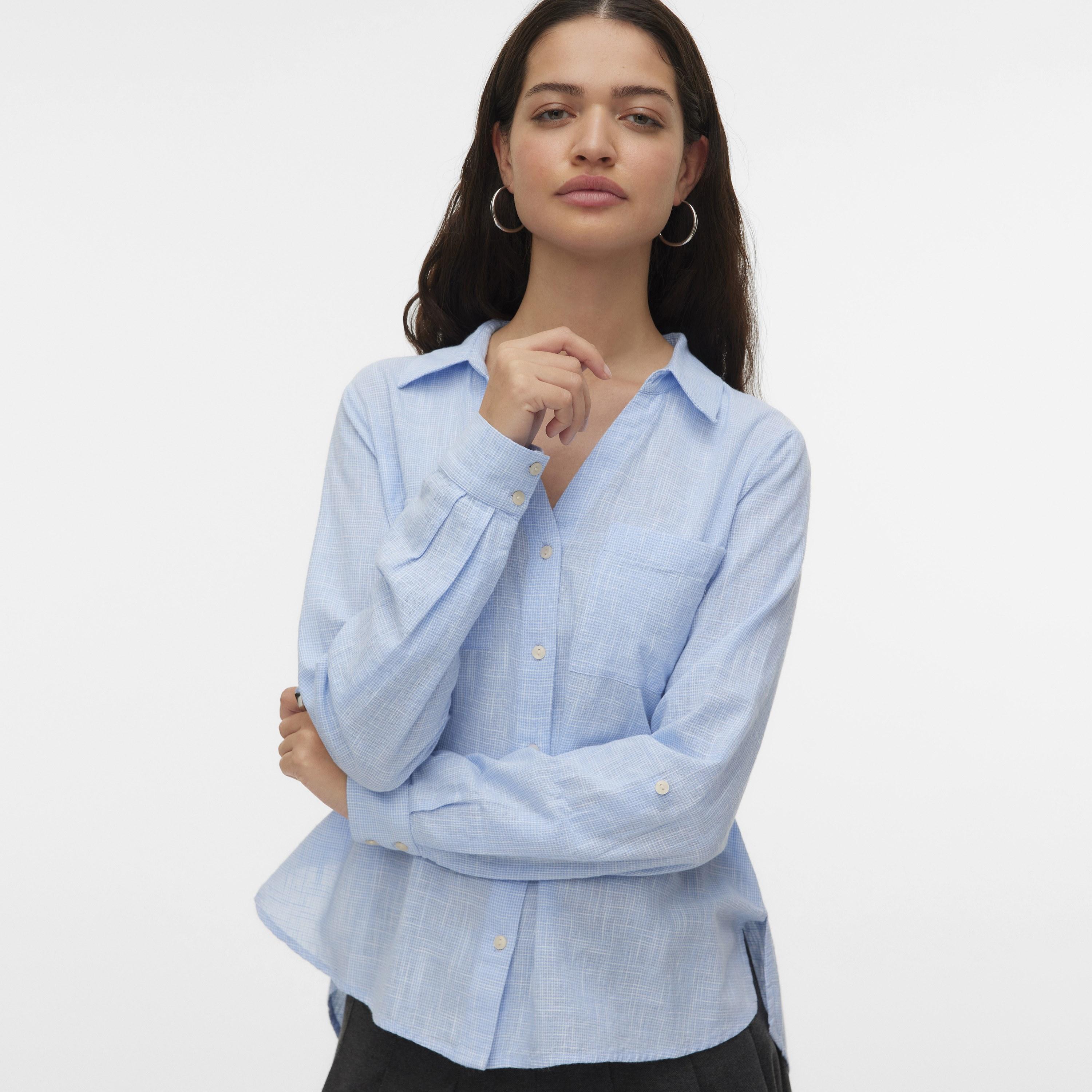 Vero Moda Blue Micro Checked Cotton Collared Women's Shirt-women-clothing-shirtsandblouses-shirts-image-3