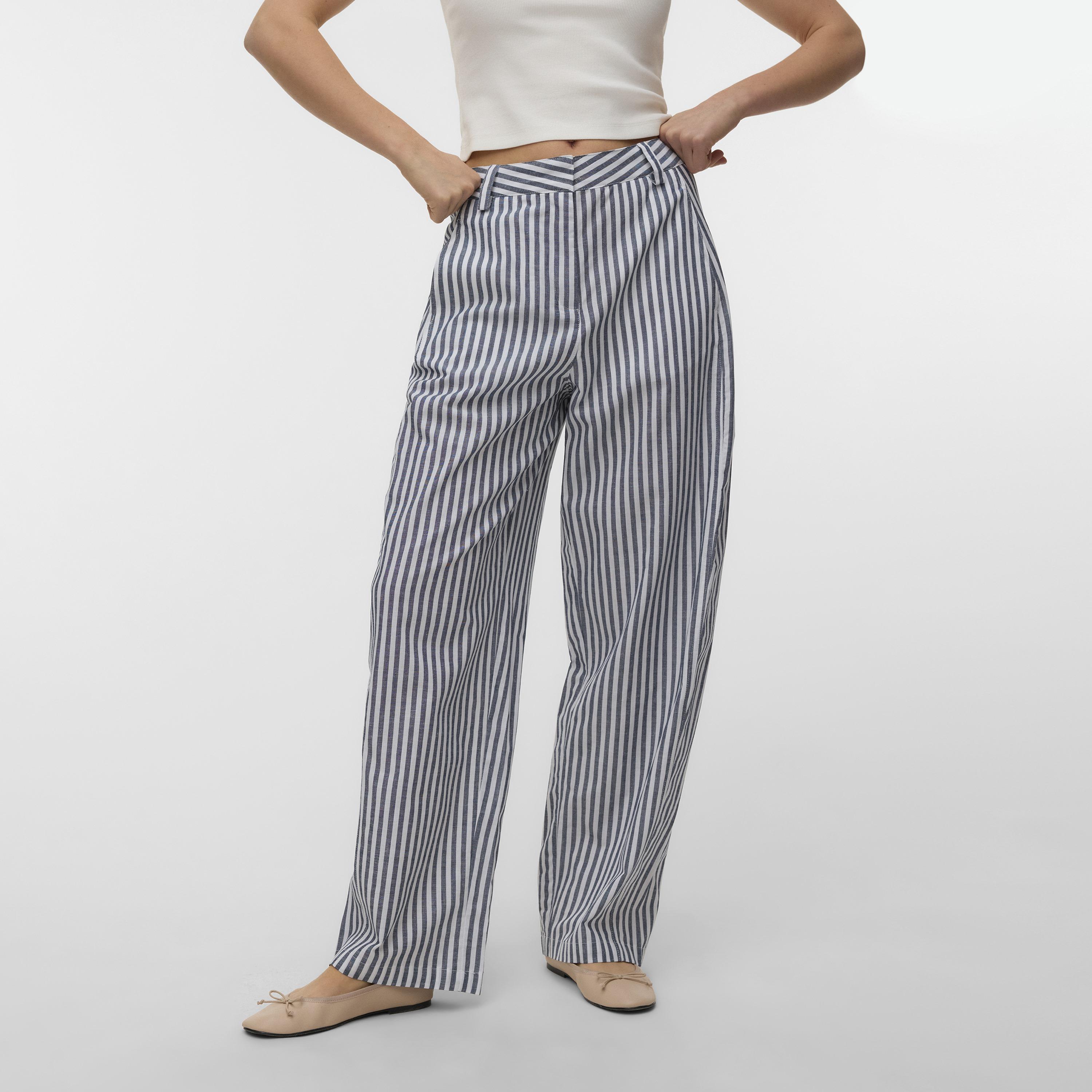 Vero Moda Blue Striped Zip Fly Wide Women's Trousers-women-clothing-trousers-image-1