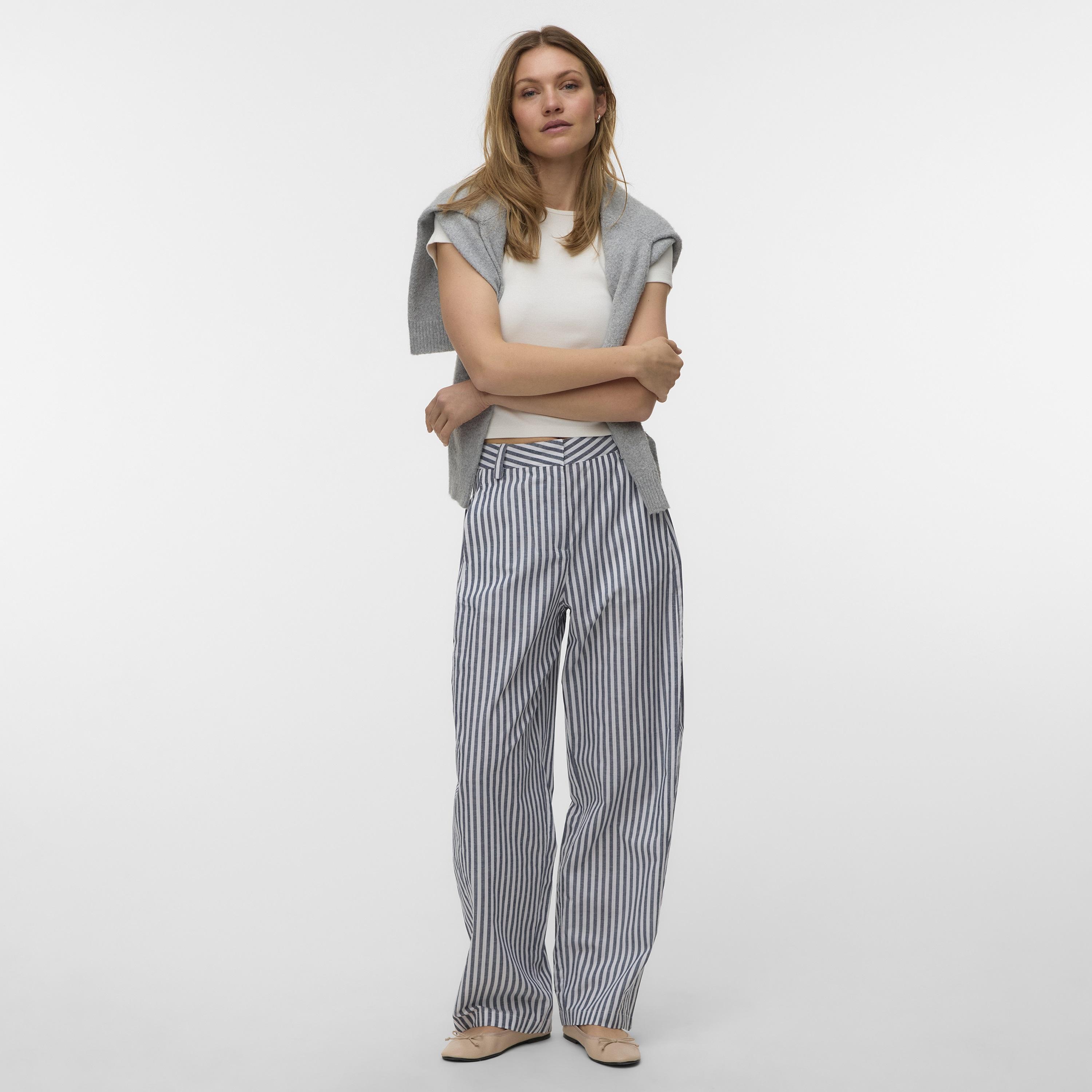 Vero Moda Blue Striped Zip Fly Wide Women's Trousers-women-clothing-trousers-image-2
