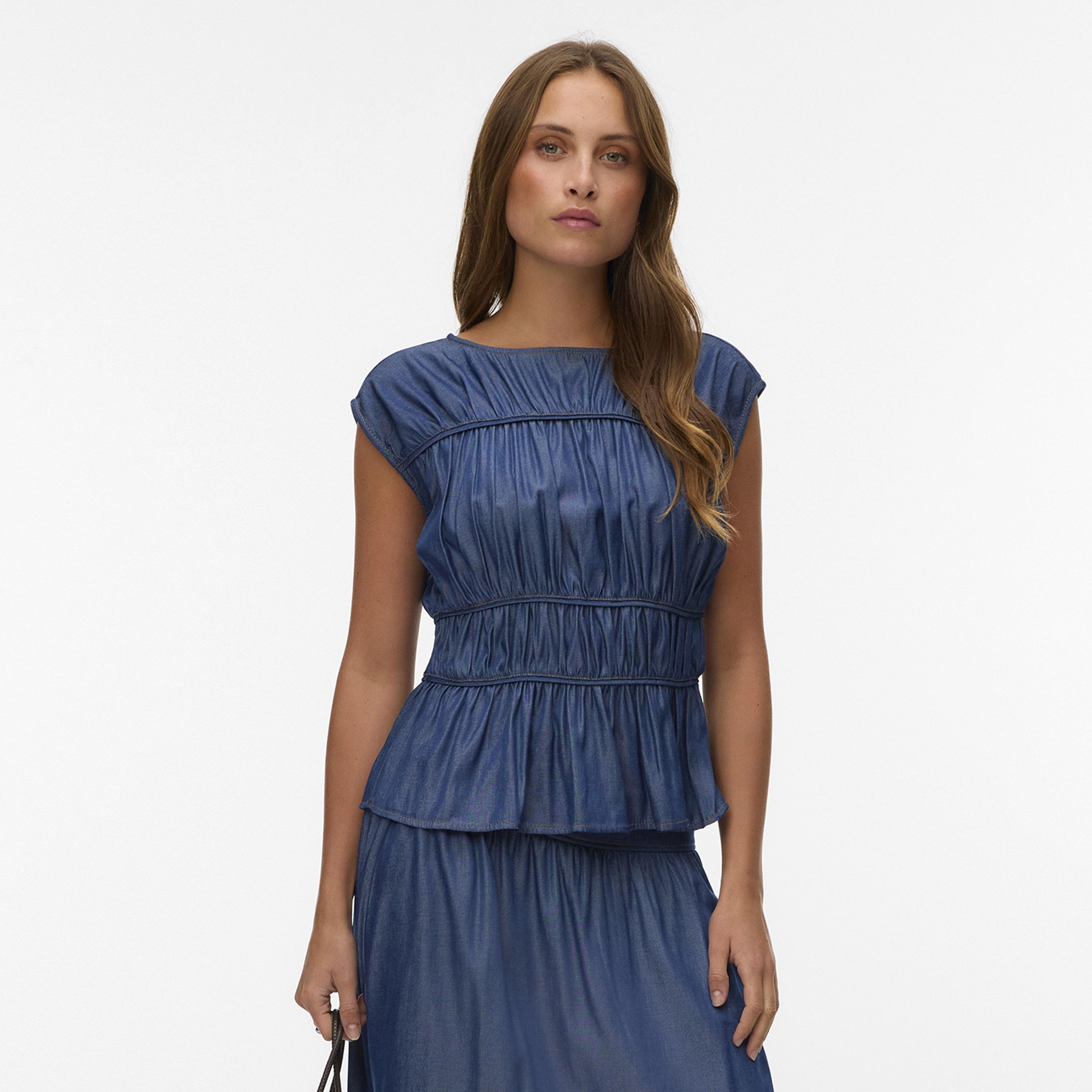 Vero Moda Blue Gathered Cap Sleeves Women's Peplum Top-women-clothing-shirtsandblouses-blouses-image-1