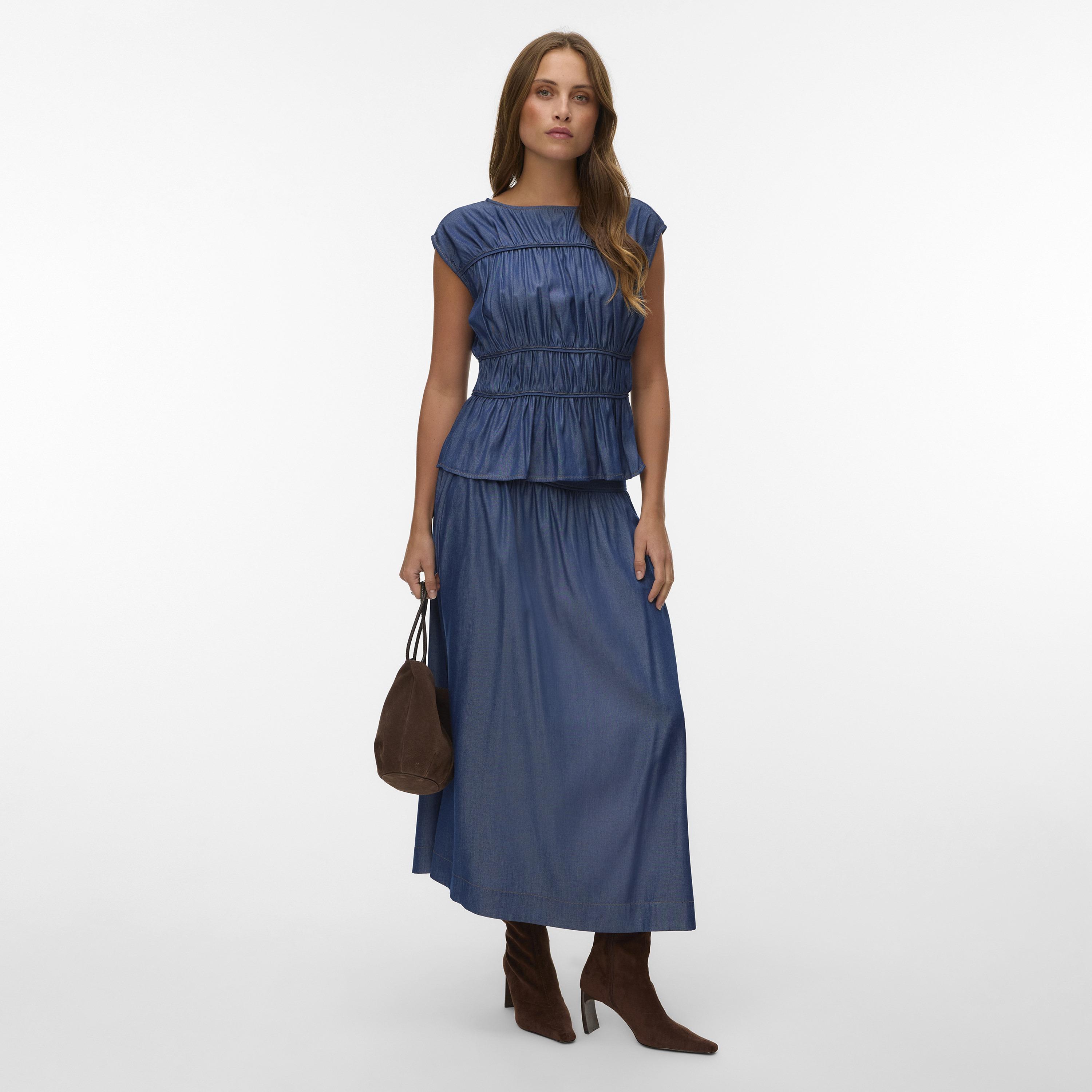 Vero Moda Blue Gathered Cap Sleeves Women's Peplum Top-women-clothing-shirtsandblouses-blouses-image-2