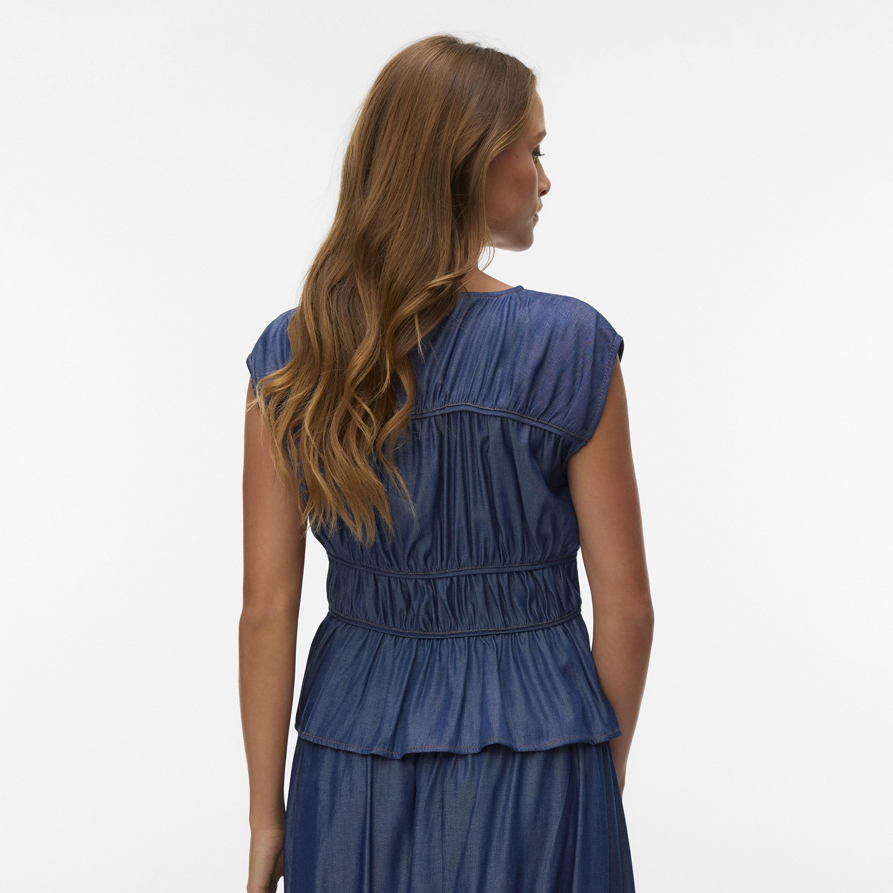 Vero Moda Blue Gathered Cap Sleeves Women's Peplum Top-women-clothing-shirtsandblouses-blouses-image-4
