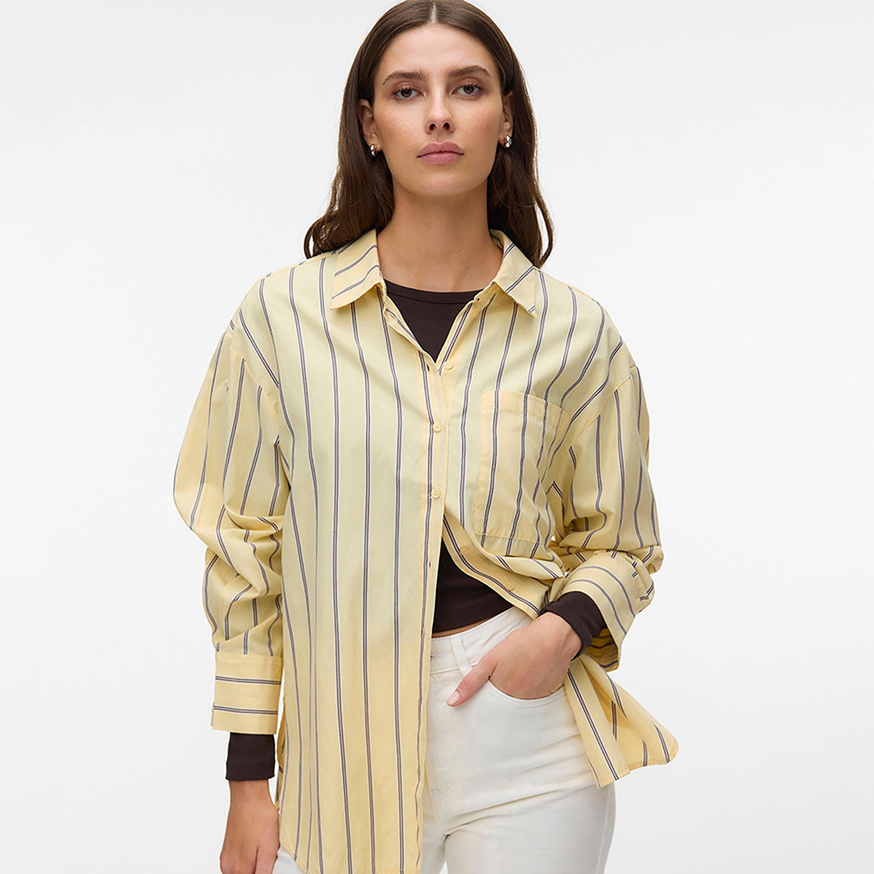 قميص حريمي بياقة ومخطط باللون الأصفر من فيرو مودا-women-clothing-shirtsandblouses-shirts-image-1