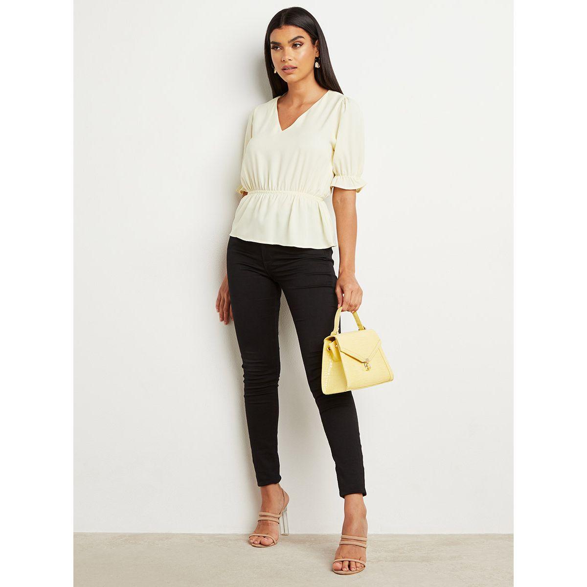 Styli Solid V Neck Peplum Top with Puff Sleeves-women-clothing-shirtsandblouses-blouses-image-2
