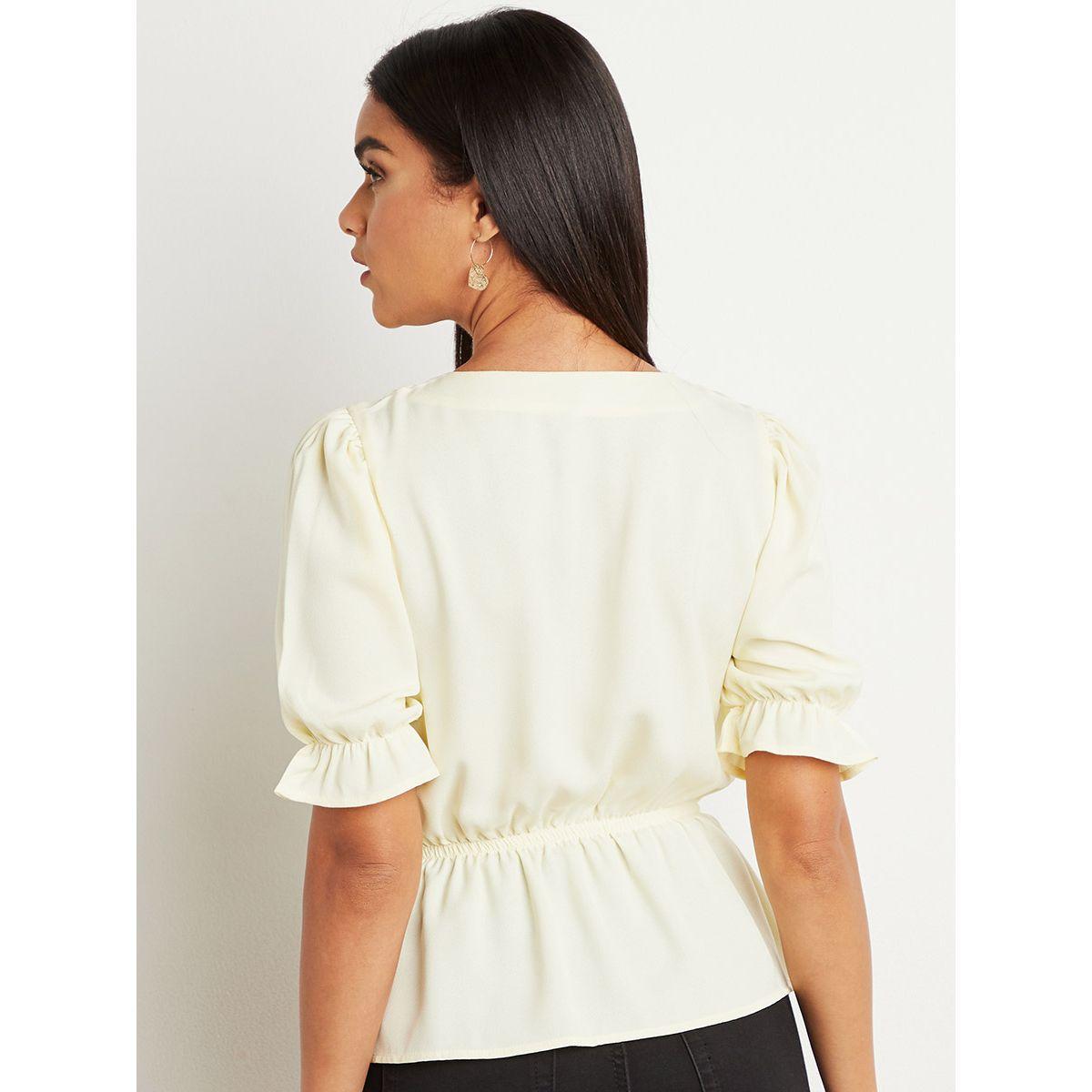 Styli Solid V Neck Peplum Top with Puff Sleeves-women-clothing-shirtsandblouses-blouses-image-3