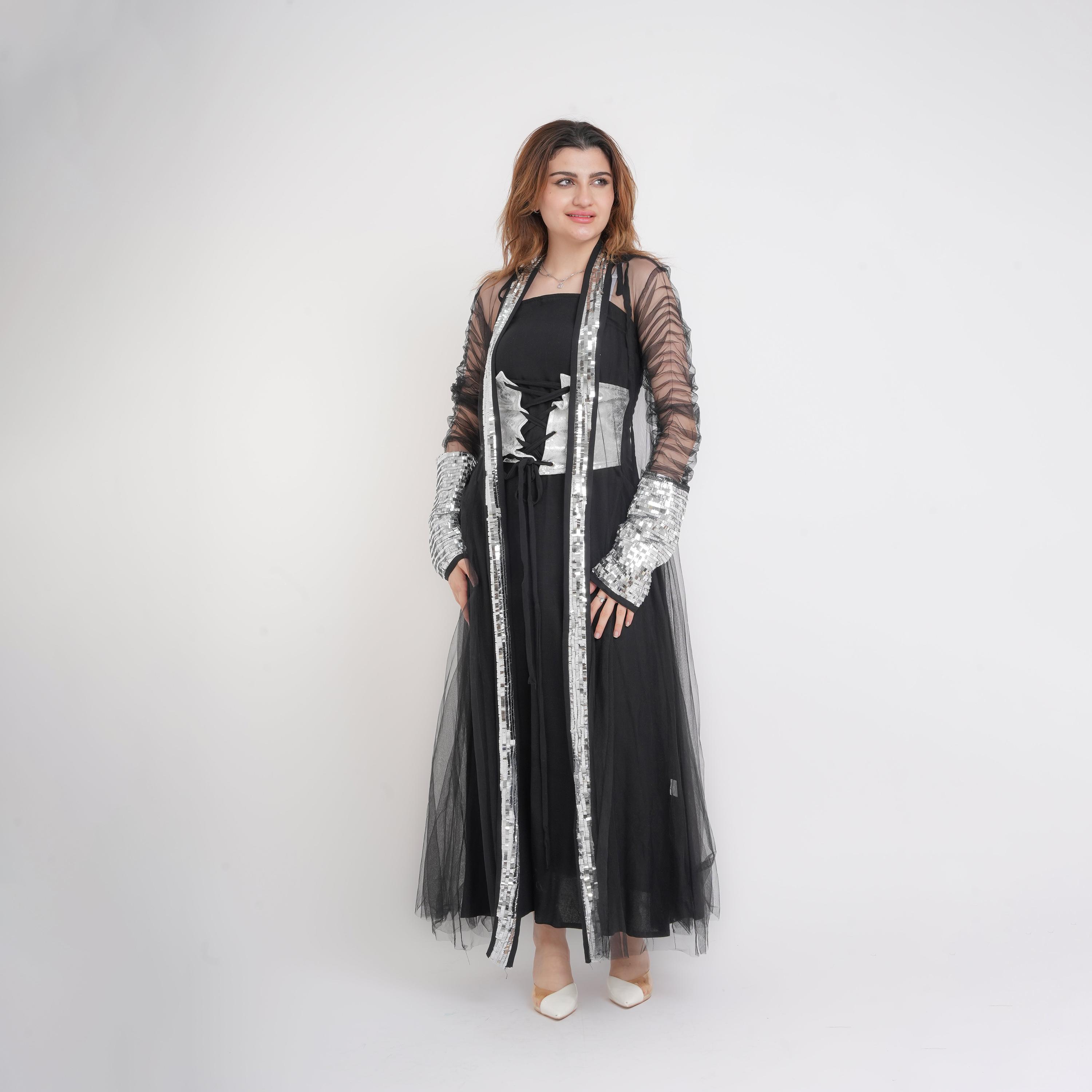 IKKXA Sequined Ruched Sheer Sleeves Mesh Women's Evening Flared Jalabiya with Inner Dress-women-arabicclothing-jalabiyas-image-1