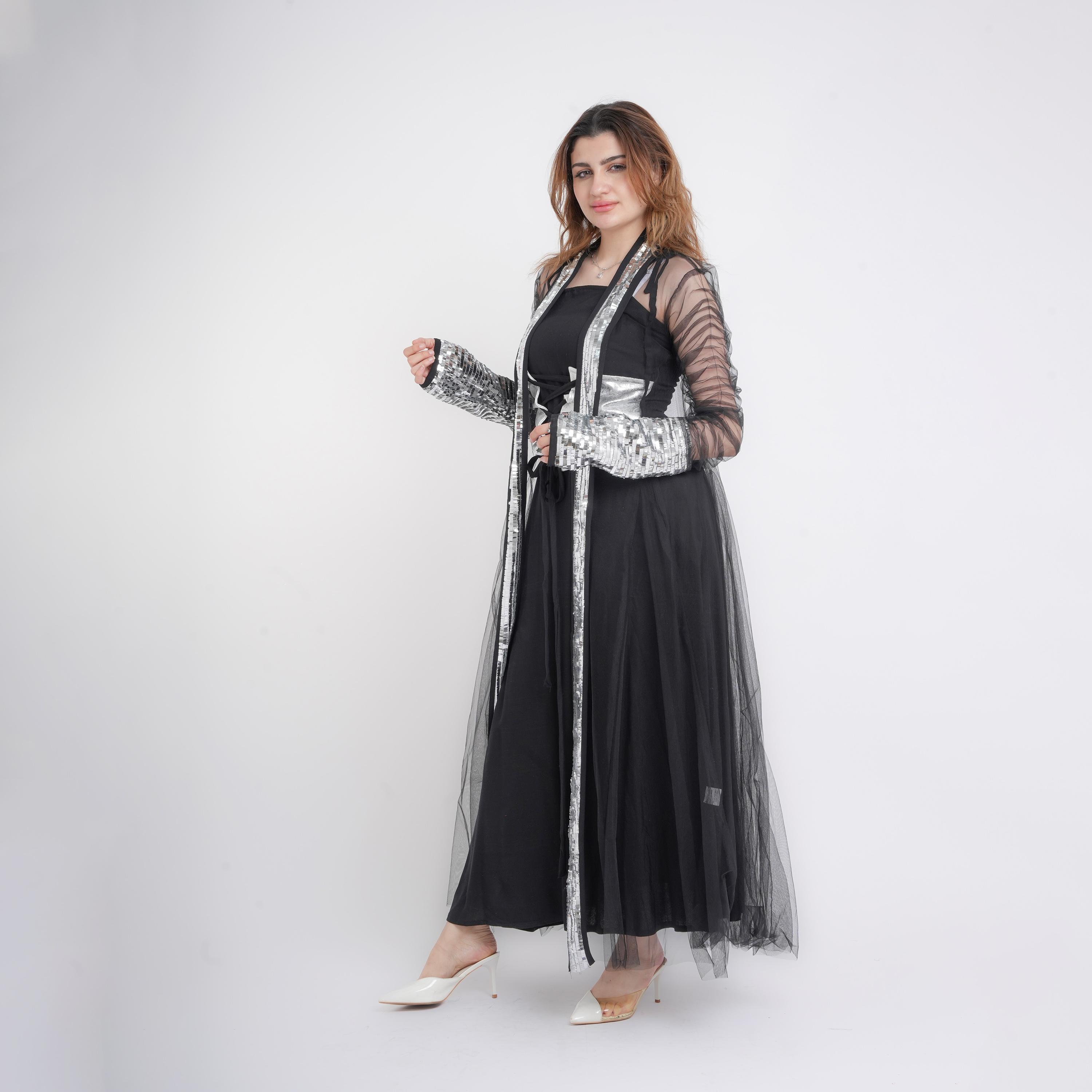 IKKXA Sequined Ruched Sheer Sleeves Mesh Women's Evening Flared Jalabiya with Inner Dress-women-arabicclothing-jalabiyas-image-3