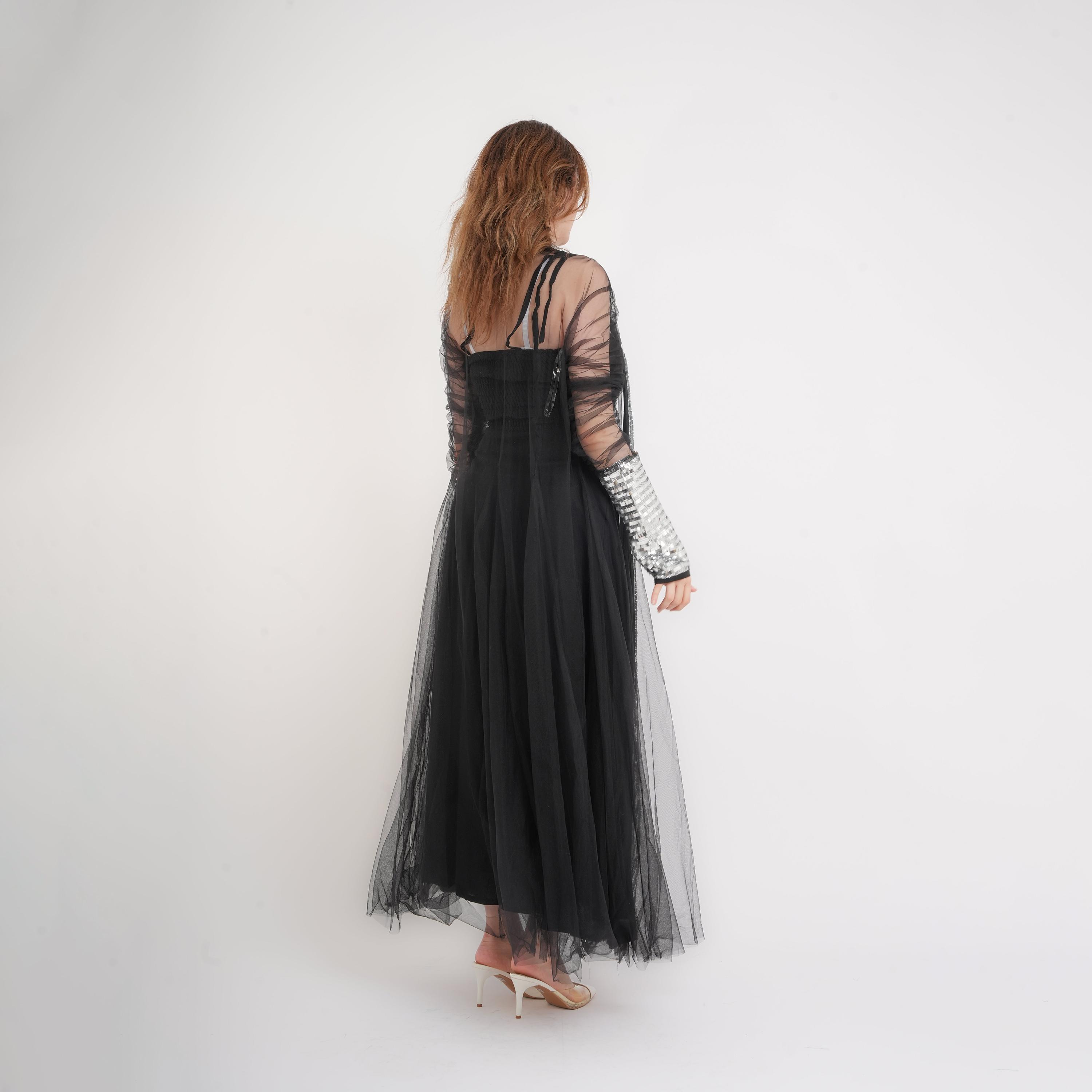 IKKXA Sequined Ruched Sheer Sleeves Mesh Women's Evening Flared Jalabiya with Inner Dress-women-arabicclothing-jalabiyas-image-4