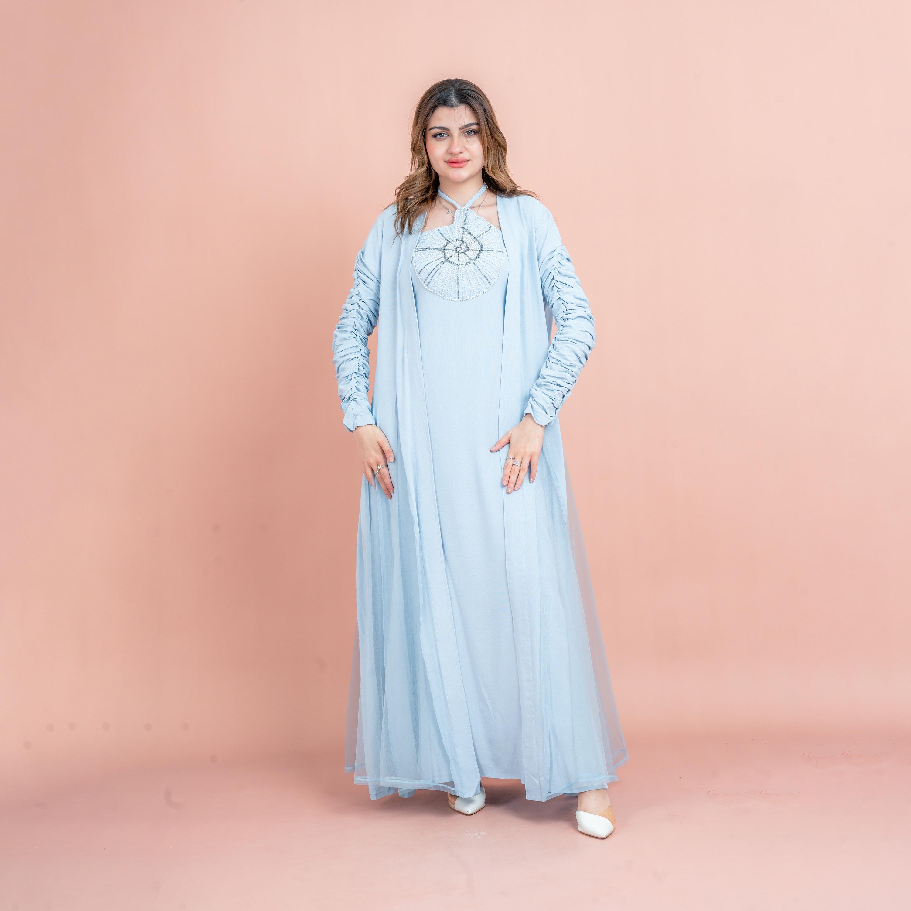 IKKXA 2-Piece Pearl Work Halter Neck Ruched Sleeves Women's Flared Jalabiya Set-women-arabicclothing-jalabiyas-image-1