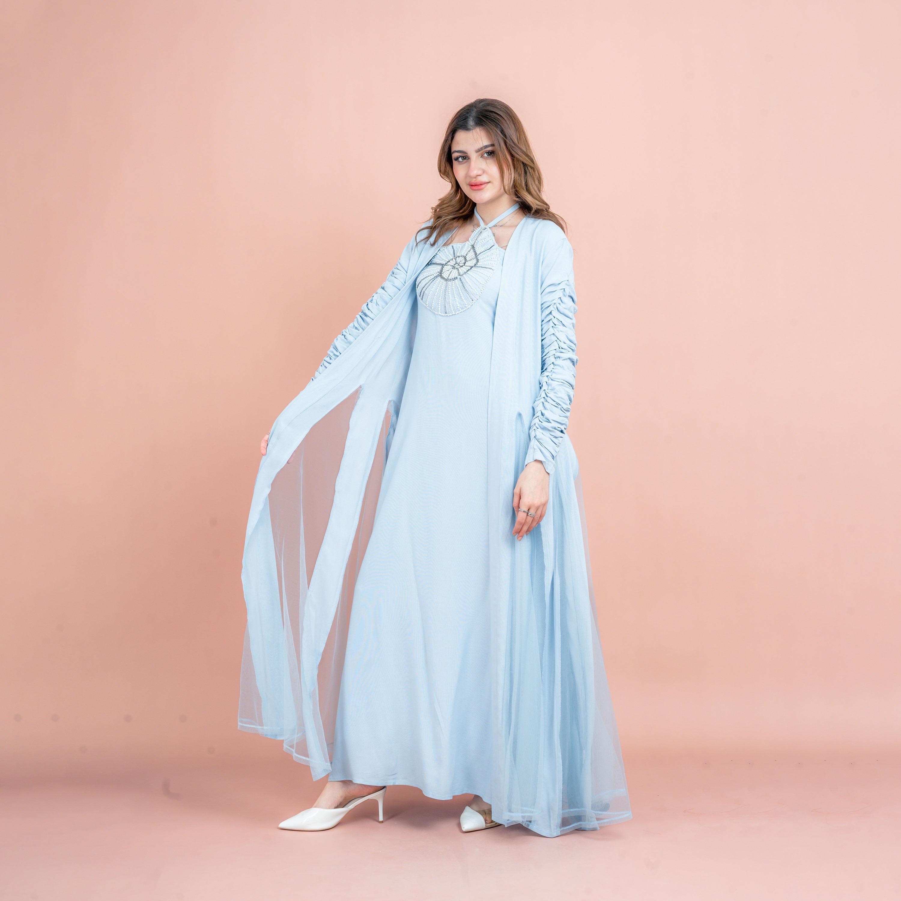 IKKXA 2-Piece Pearl Work Halter Neck Ruched Sleeves Women's Flared Jalabiya Set-women-arabicclothing-jalabiyas-image-3