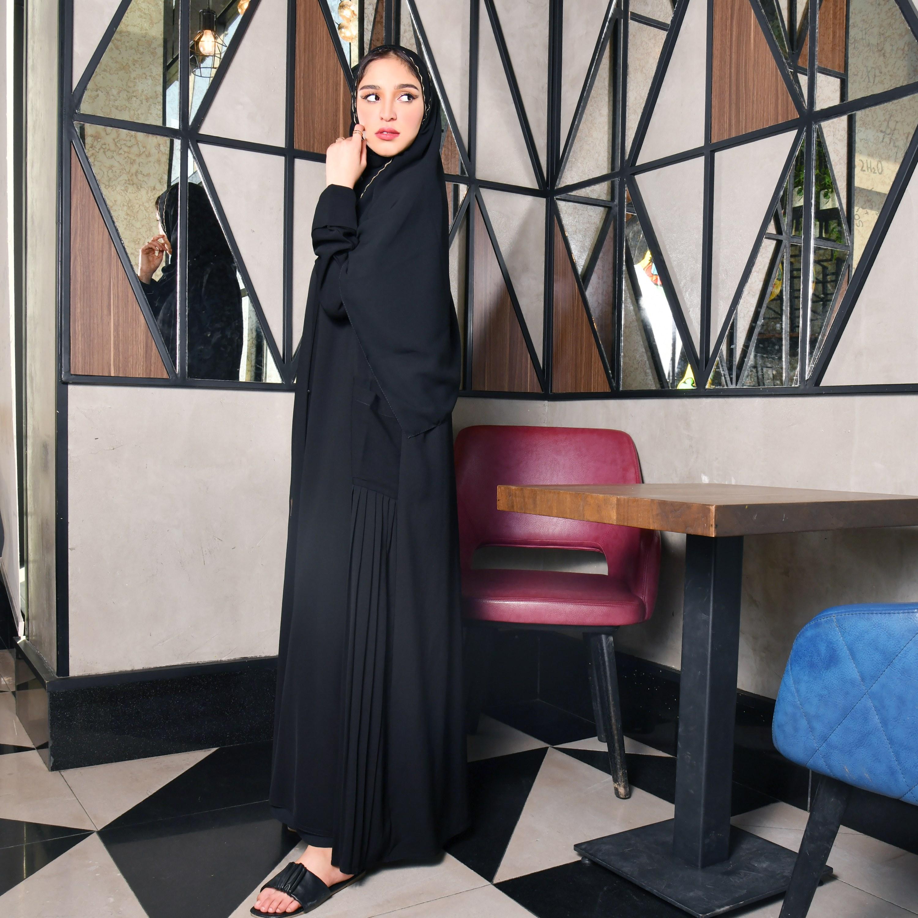 Hawraa Black Crepe Pleated Abaya with Hijab-women-arabicclothing-abayas-image-1
