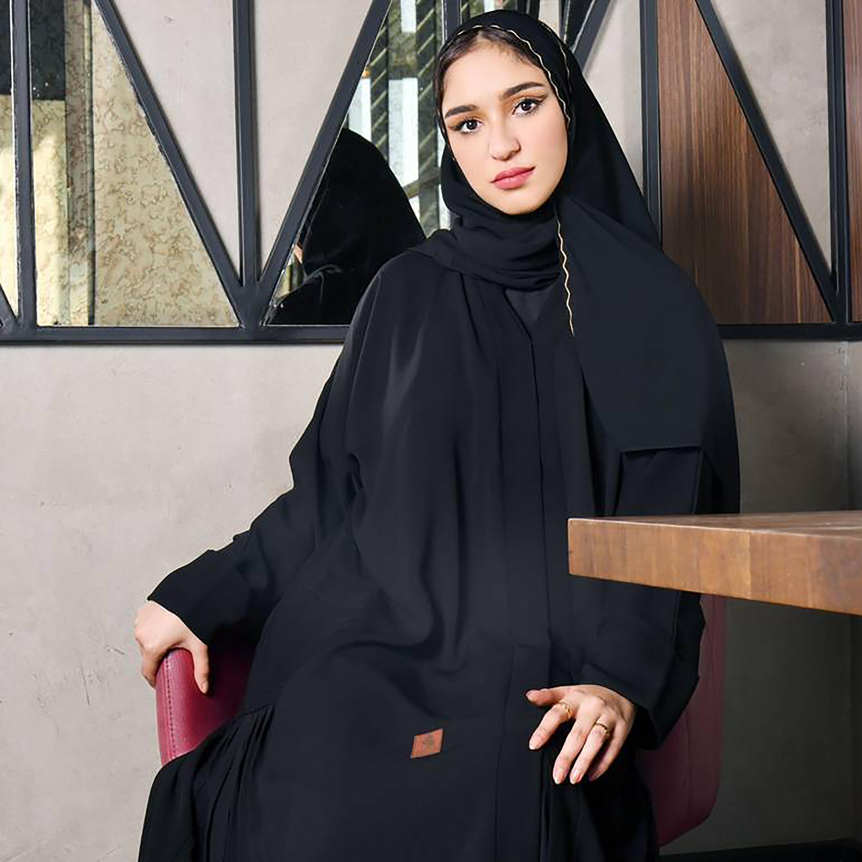 Hawraa Black Crepe Pleated Abaya with Hijab-women-arabicclothing-abayas-image-2