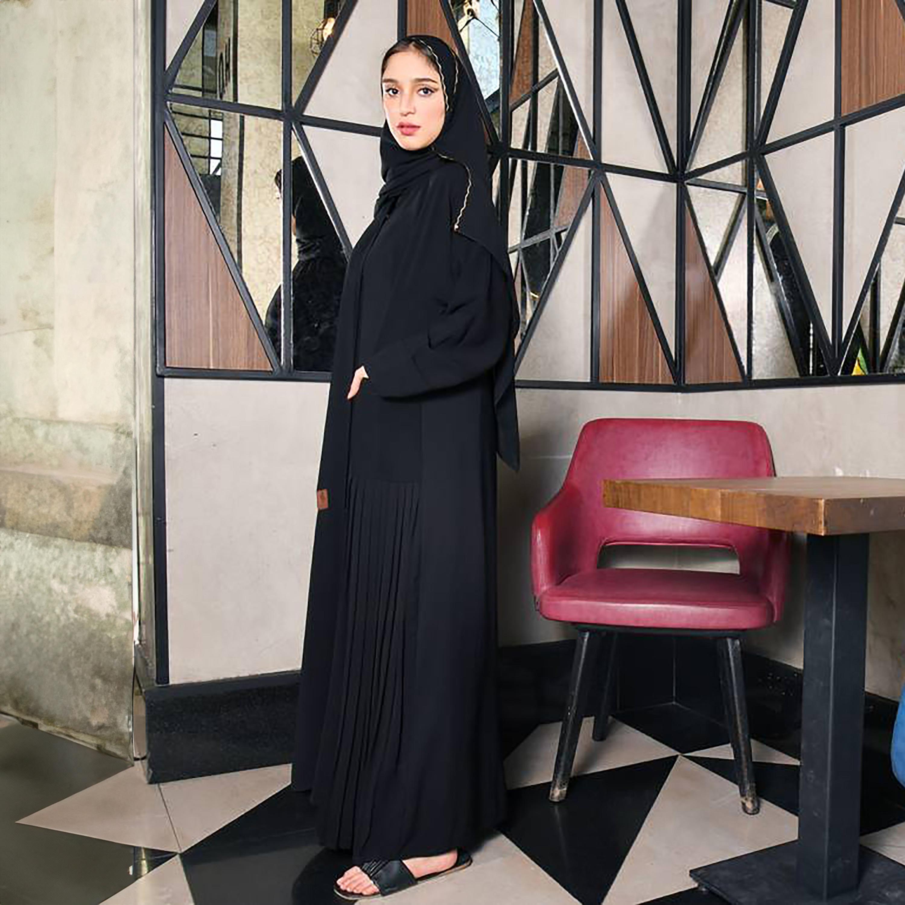 Hawraa Black Crepe Pleated Abaya with Hijab-women-arabicclothing-abayas-image-4