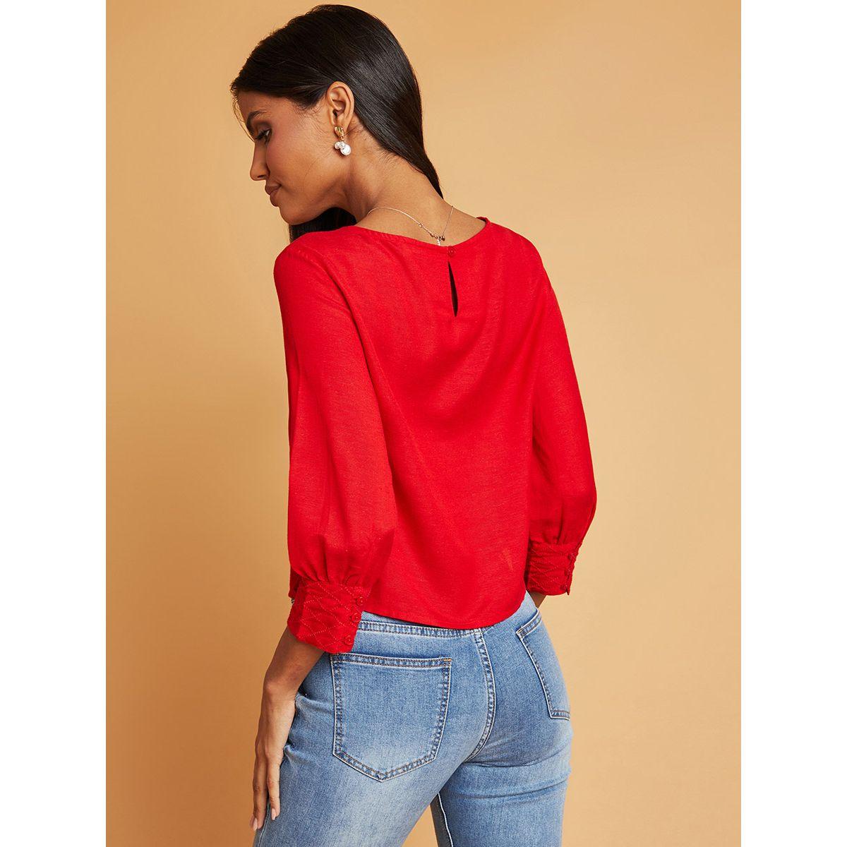 Styli Round Neck 3/4 Sleeves Top-women-clothing-shirtsandblouses-blouses-image-3