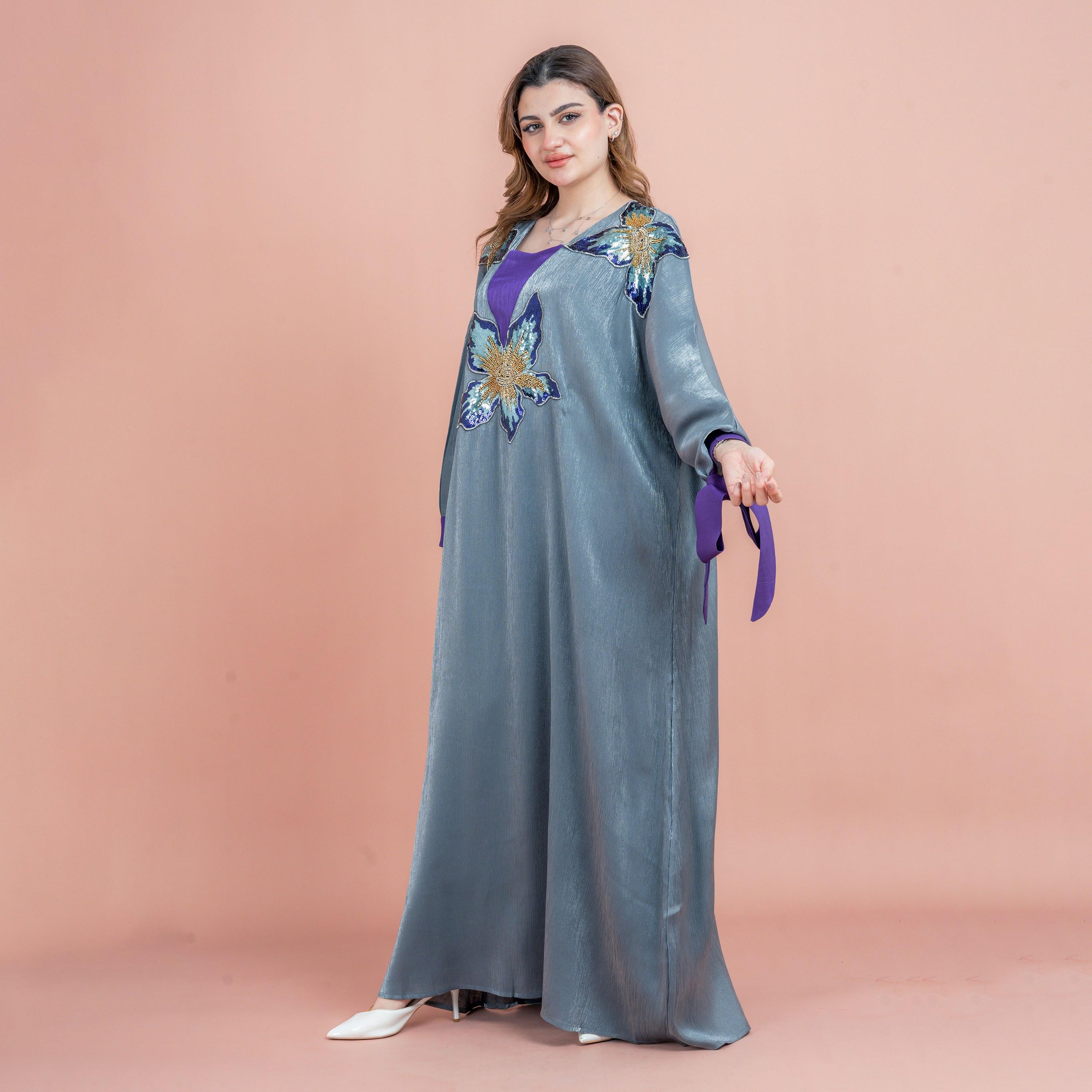 جلابية سهرة نسائية من الساتان بياقة مربعة وأكمام فراشة مزينة بالخرز والترتر من إككسا-women-arabicclothing-jalabiyas-image-3