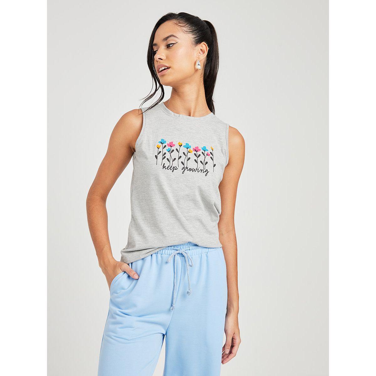 Styli Sleeveless Flower Graphic Print Round Neck Regular T-shirt-women-clothing-tshirts-image-1