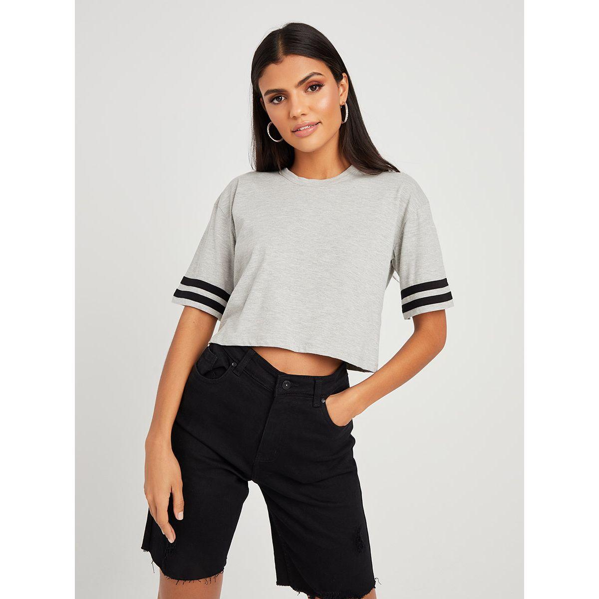 Styli Short Sleeves Contrast Striped Boxy Crop T-Shirt-women-clothing-tshirts-image-1