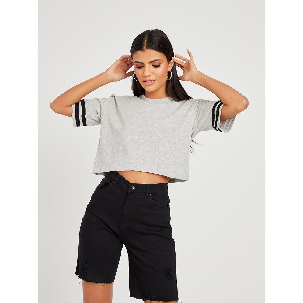 Styli Short Sleeves Contrast Striped Boxy Crop T-Shirt-women-clothing-tshirts-image-3