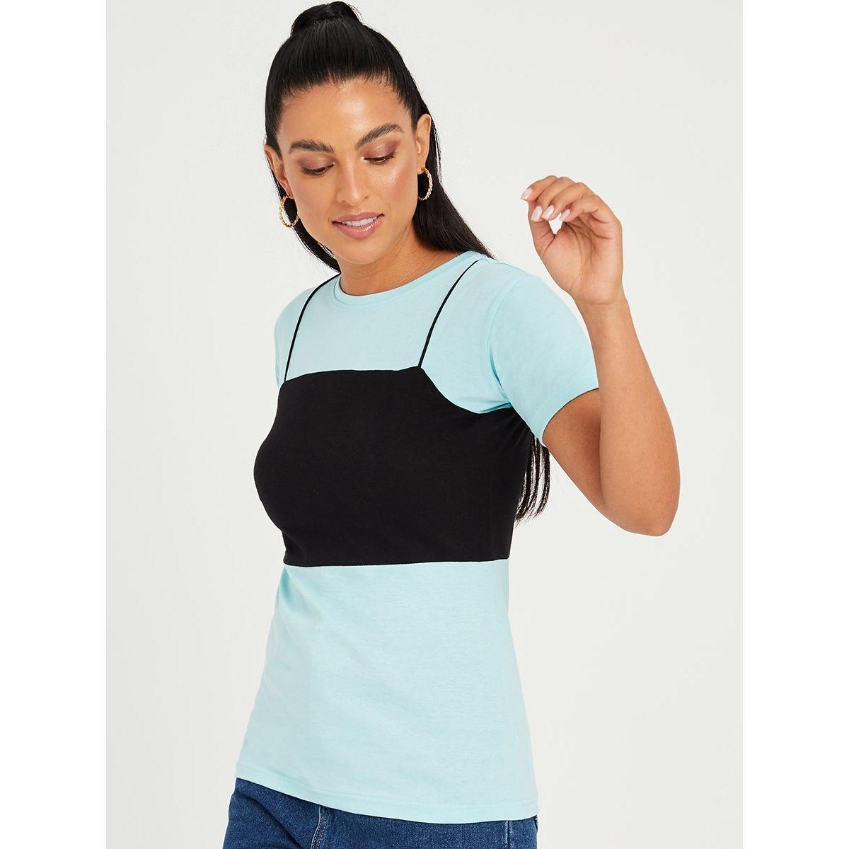 Styli Short Sleeves Longline T-shirt with Cut and Sew Bralette Detail-women-clothing-tshirts-image-1
