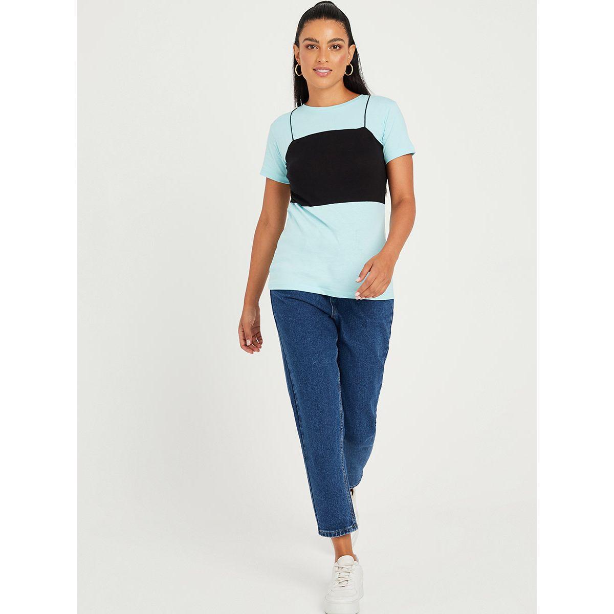 Styli Short Sleeves Longline T-shirt with Cut and Sew Bralette Detail-women-clothing-tshirts-image-2