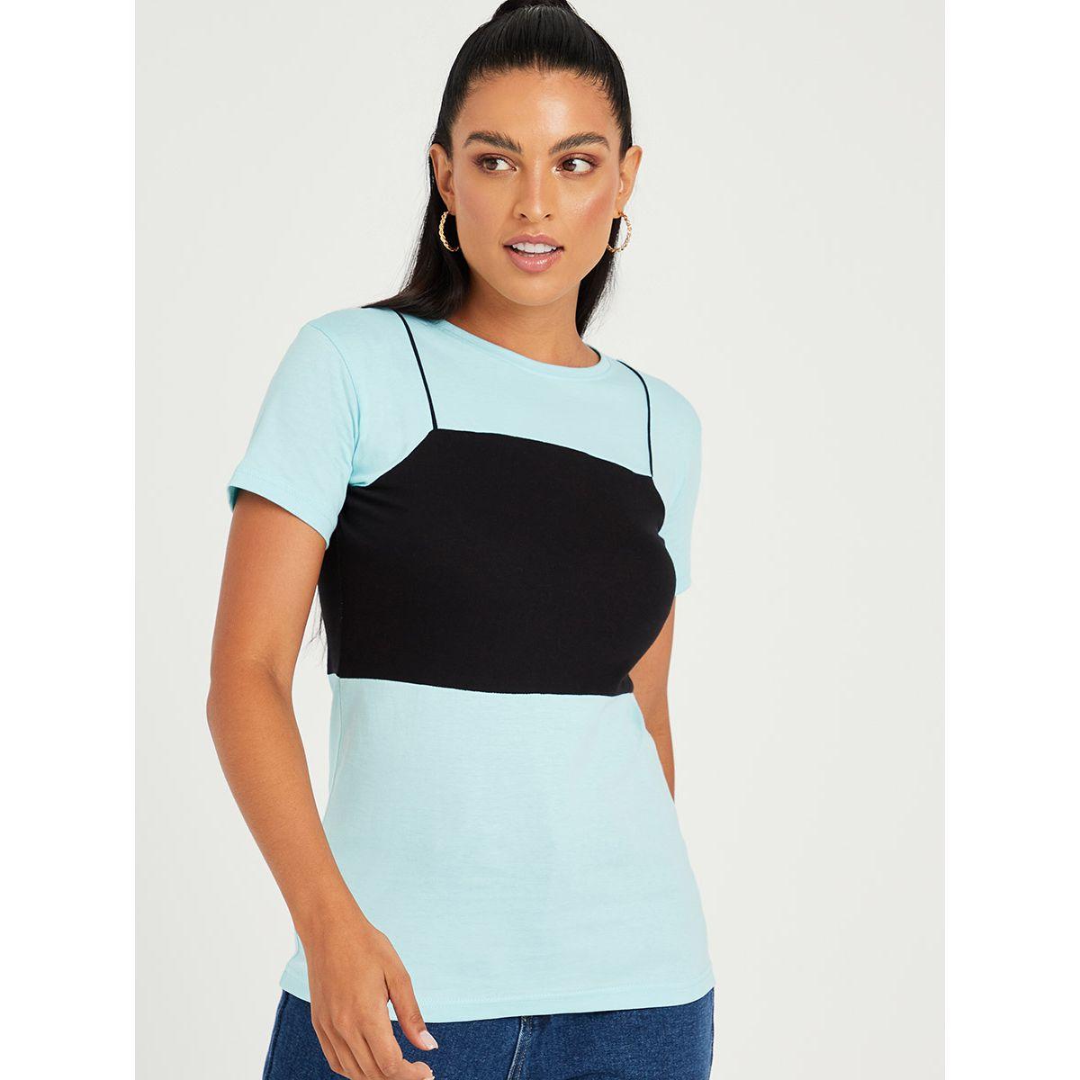 Styli Short Sleeves Longline T-shirt with Cut and Sew Bralette Detail-women-clothing-tshirts-image-3