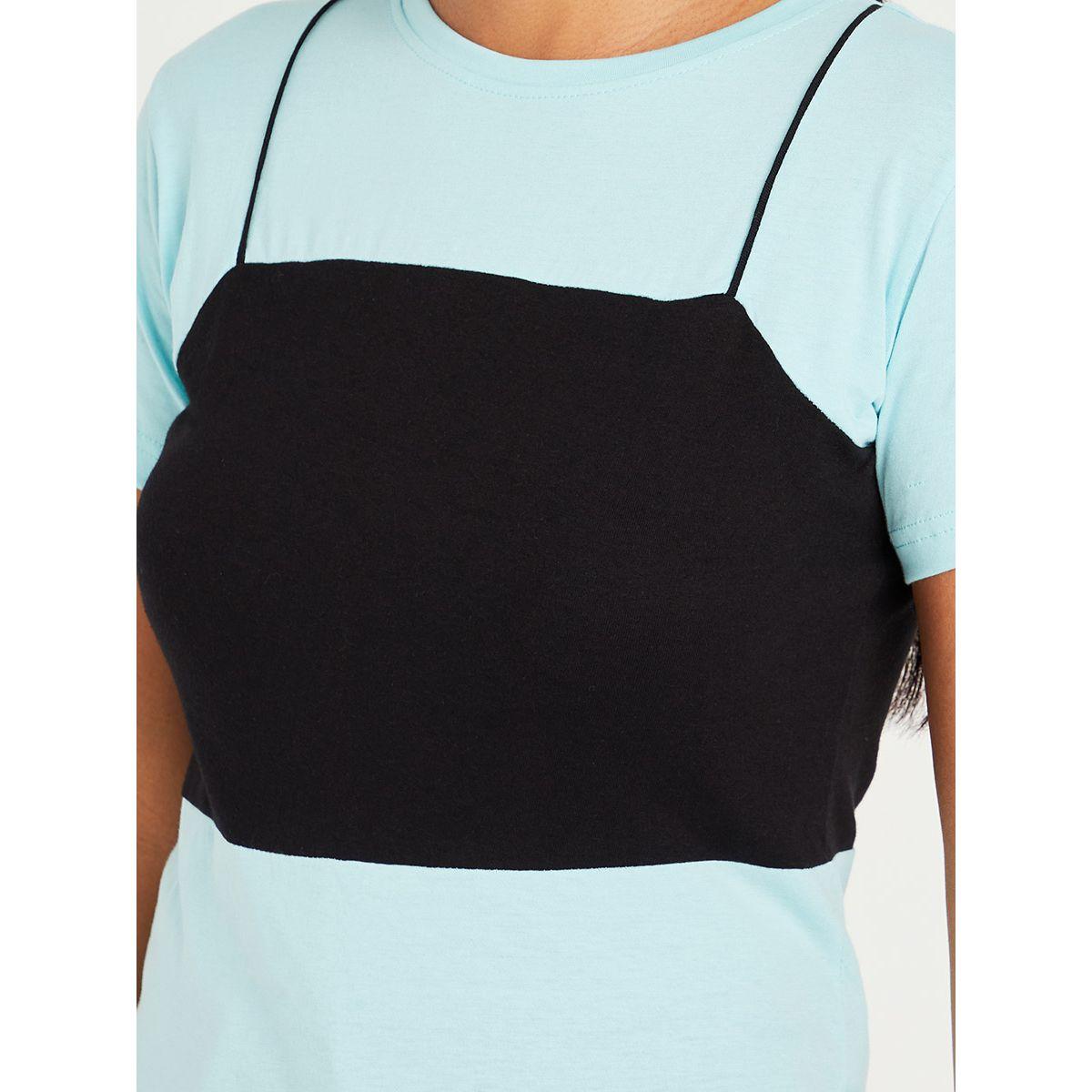 Styli Short Sleeves Longline T-shirt with Cut and Sew Bralette Detail-women-clothing-tshirts-image-4