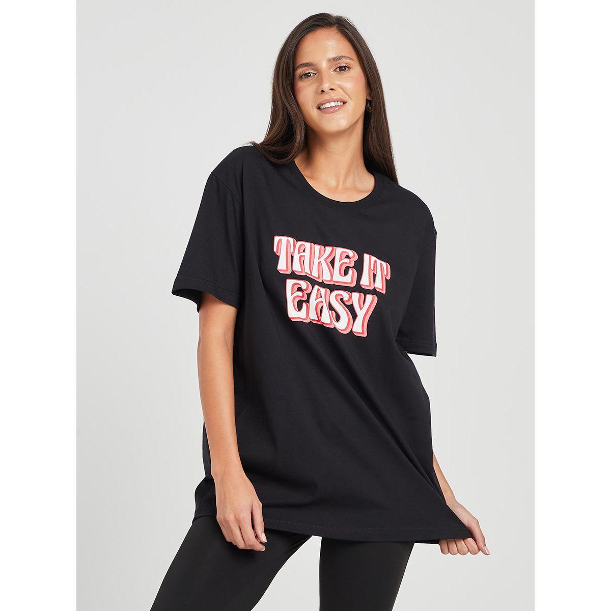 Styli Short Sleeves Take It Easy Slogan Print Oversized T-shirt-women-clothing-tshirts-image-1