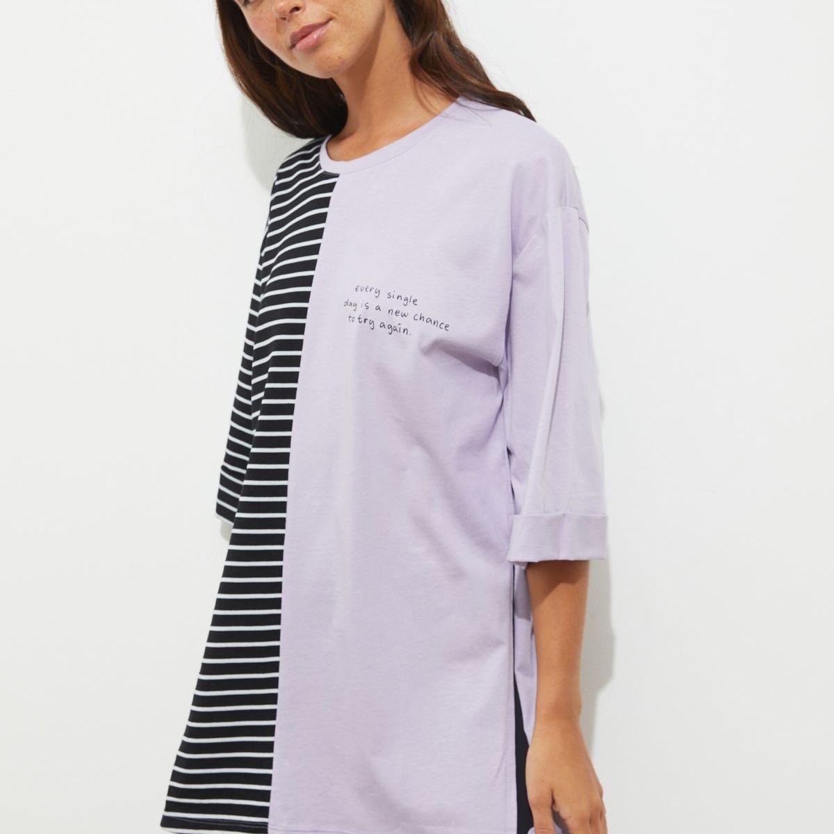 Trendyol 3/4 Sleeves Colorblock Striped Longline Oversized T-shirt-women-clothing-tshirts-image-1