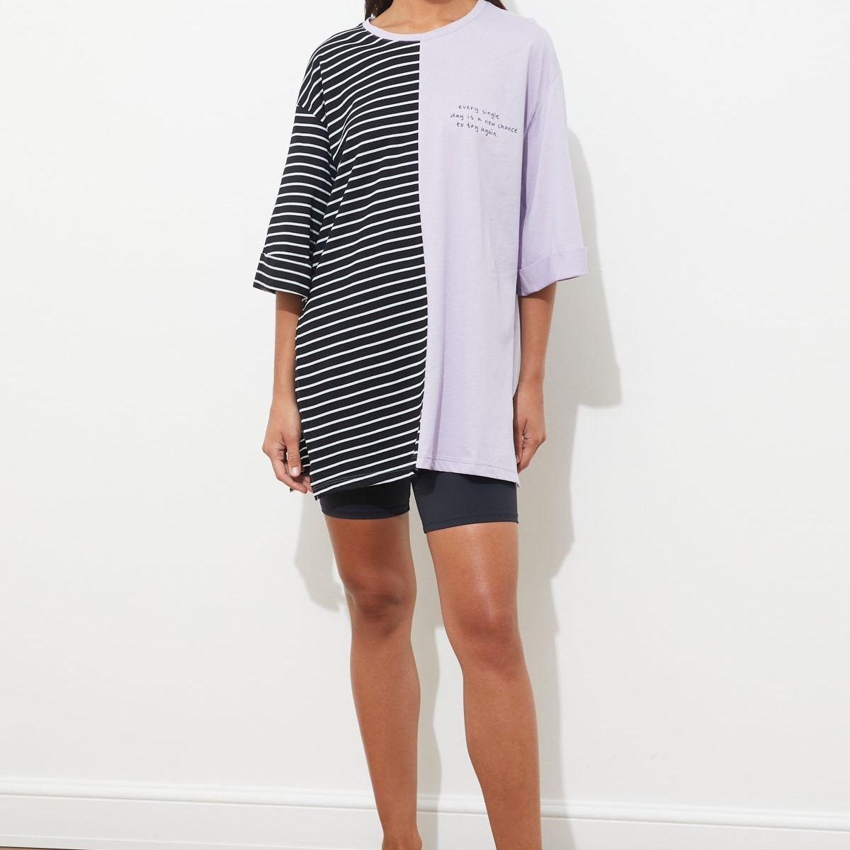 Trendyol 3/4 Sleeves Colorblock Striped Longline Oversized T-shirt-women-clothing-tshirts-image-2