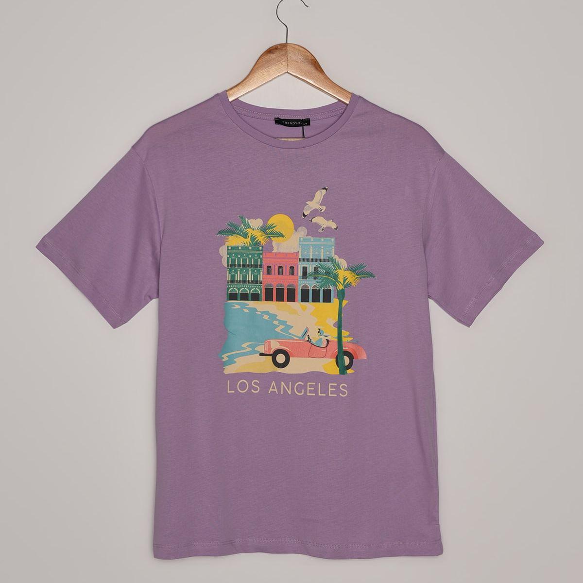 Trendyol Short Sleeves Los Angeles Graphic Print Regular Fit T-shirt-women-clothing-tshirts-image-6