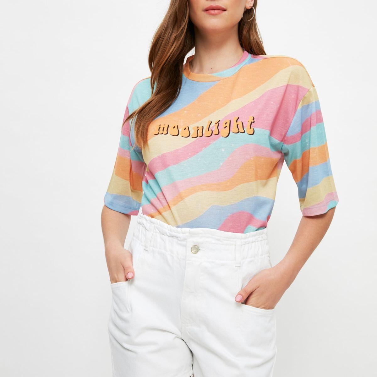 Trendyol Half Sleeves Pastel Wave Stripe Moonlight Print Regular T-shirt-women-clothing-tshirts-image-1