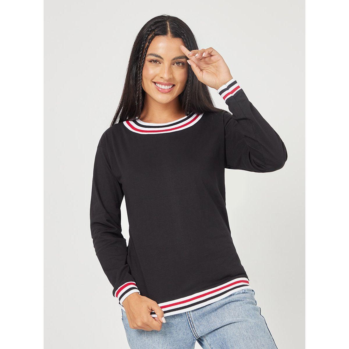 Styli Cuffed Sleeves Striped Band Winter Cotton T-shirt-women-clothing-tshirts-image-1