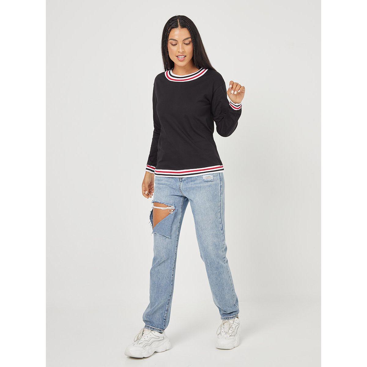 Styli Cuffed Sleeves Striped Band Winter Cotton T-shirt-women-clothing-tshirts-image-2