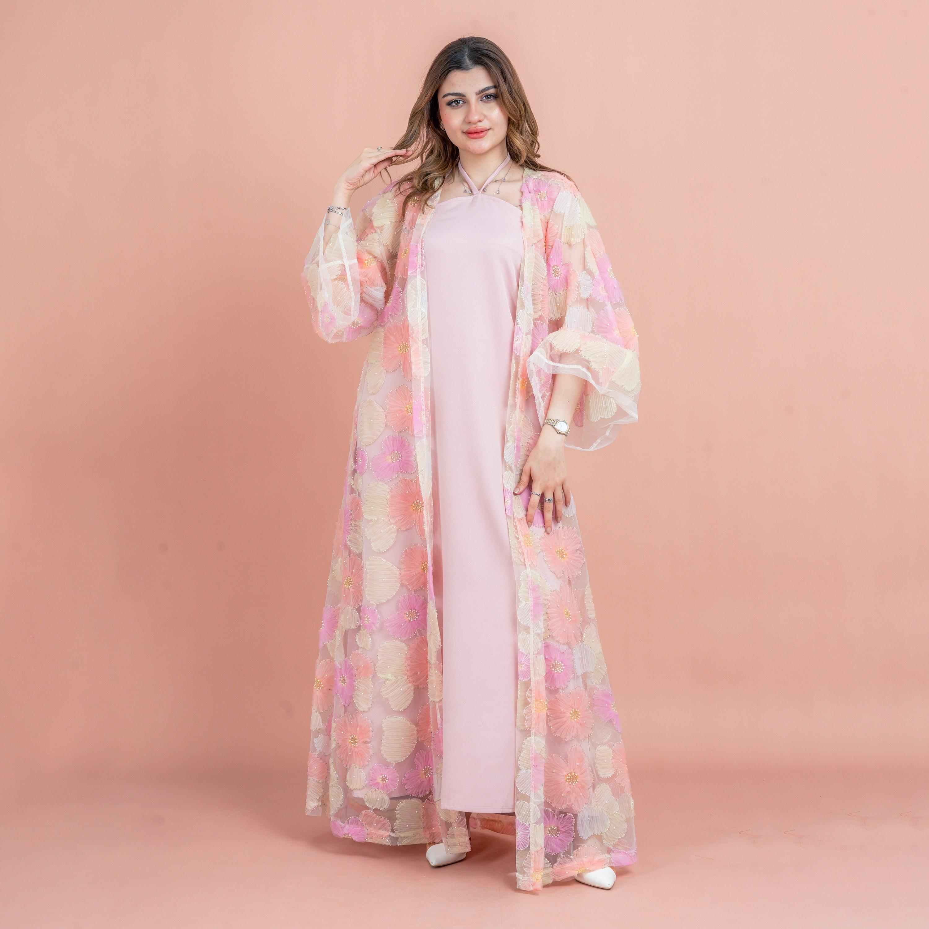 IKKXA 3-Piece Floral & Beaded Flared Sleeves Mesh Women's Evening Fusion Abaya Set-women-arabicclothing-abayas-image-1