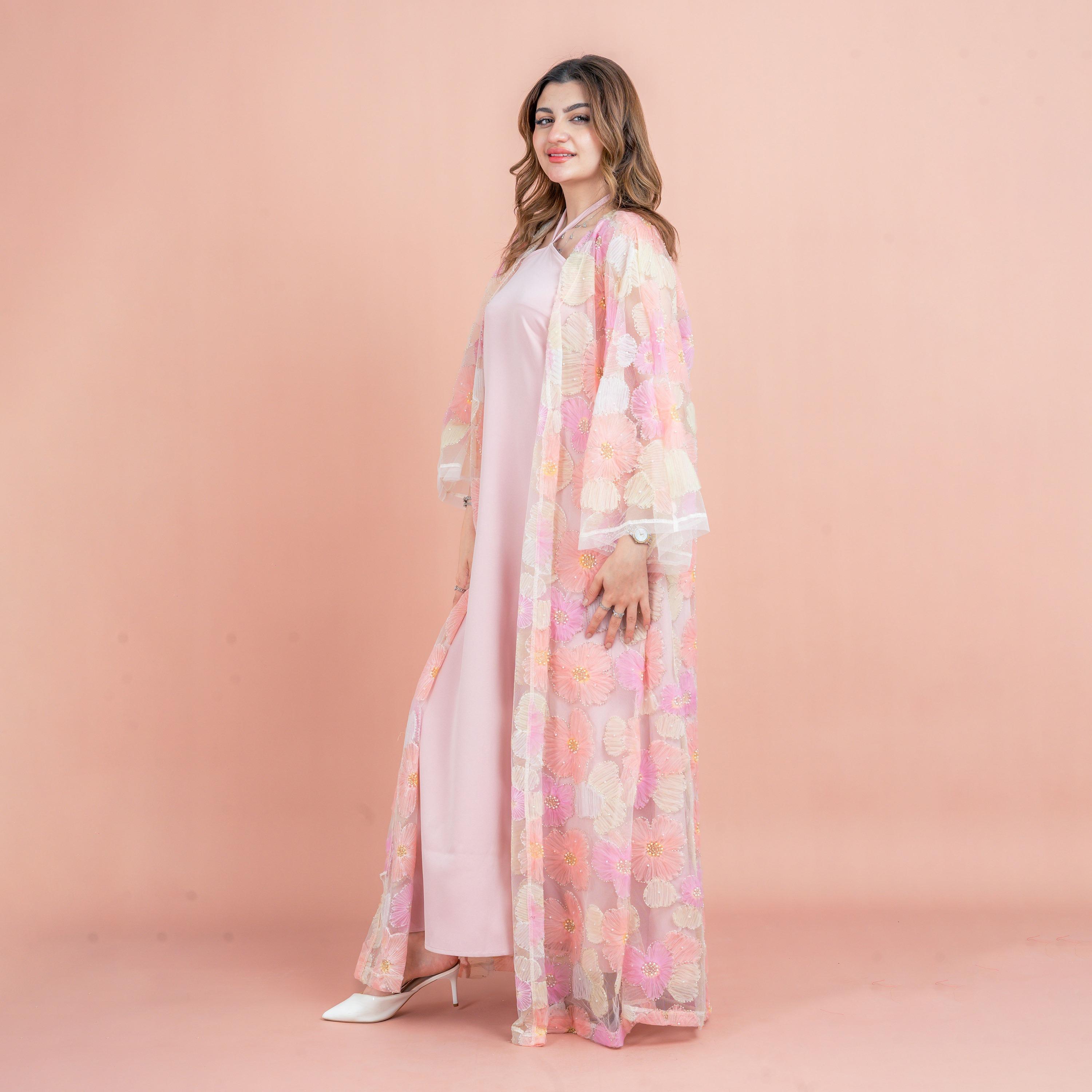 IKKXA 3-Piece Floral & Beaded Flared Sleeves Mesh Women's Evening Fusion Abaya Set-women-arabicclothing-abayas-image-3